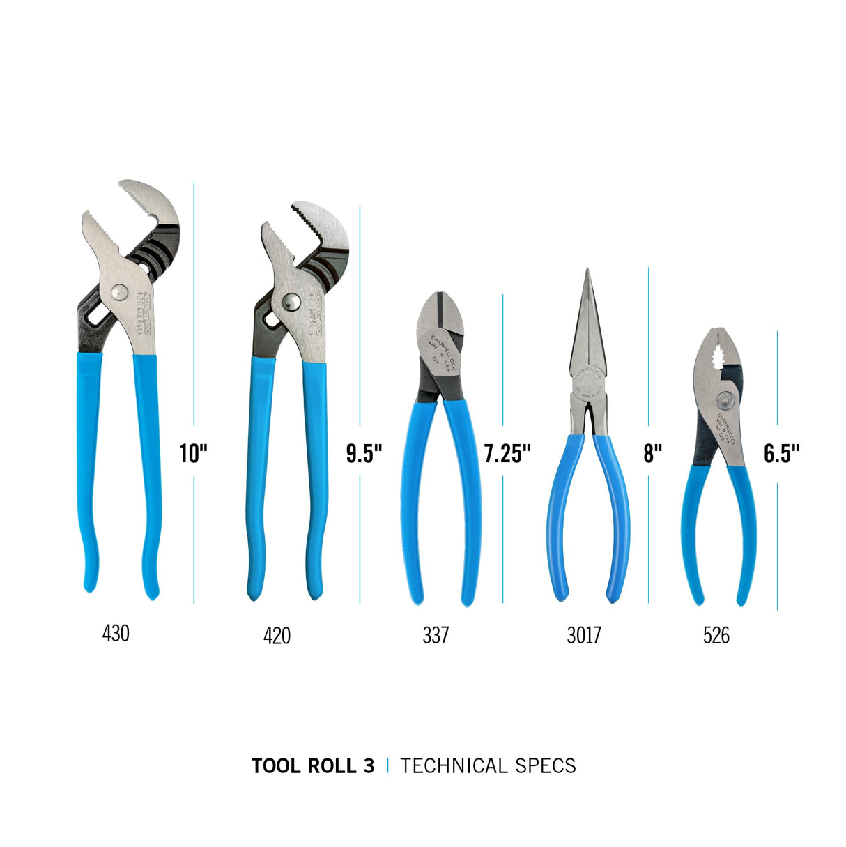 Channellock TOOL ROLL-3 5 Piece Pliers Set|Fast Release Handy Vinyl Pouch Features Long Nose,Diagonal Cutter,Slip Joint,and Tongue and Groove (2) Pliers|Forged from High Carbon Steel|Made in the USA