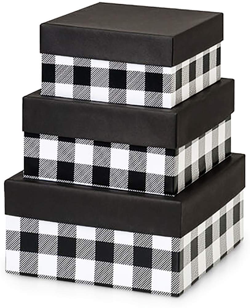 Made in USA Recycled Paper Kraft Boxes – 3.25”, 4.25” & 5.25” – Nested Squared Boxes with Lids (Small Set of 3 - Christmas Plaid)