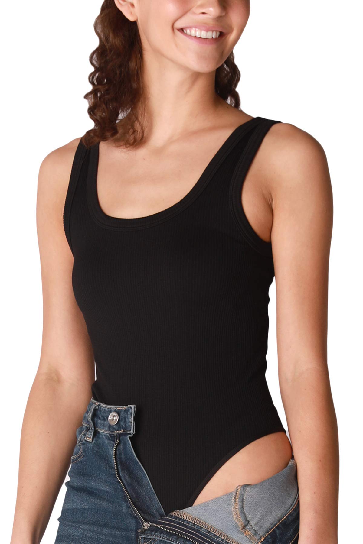 NIKIBIKI Women Seamless Ribbed Scoop Neck & Back Bodysuit, Made in U.S.A, One Size