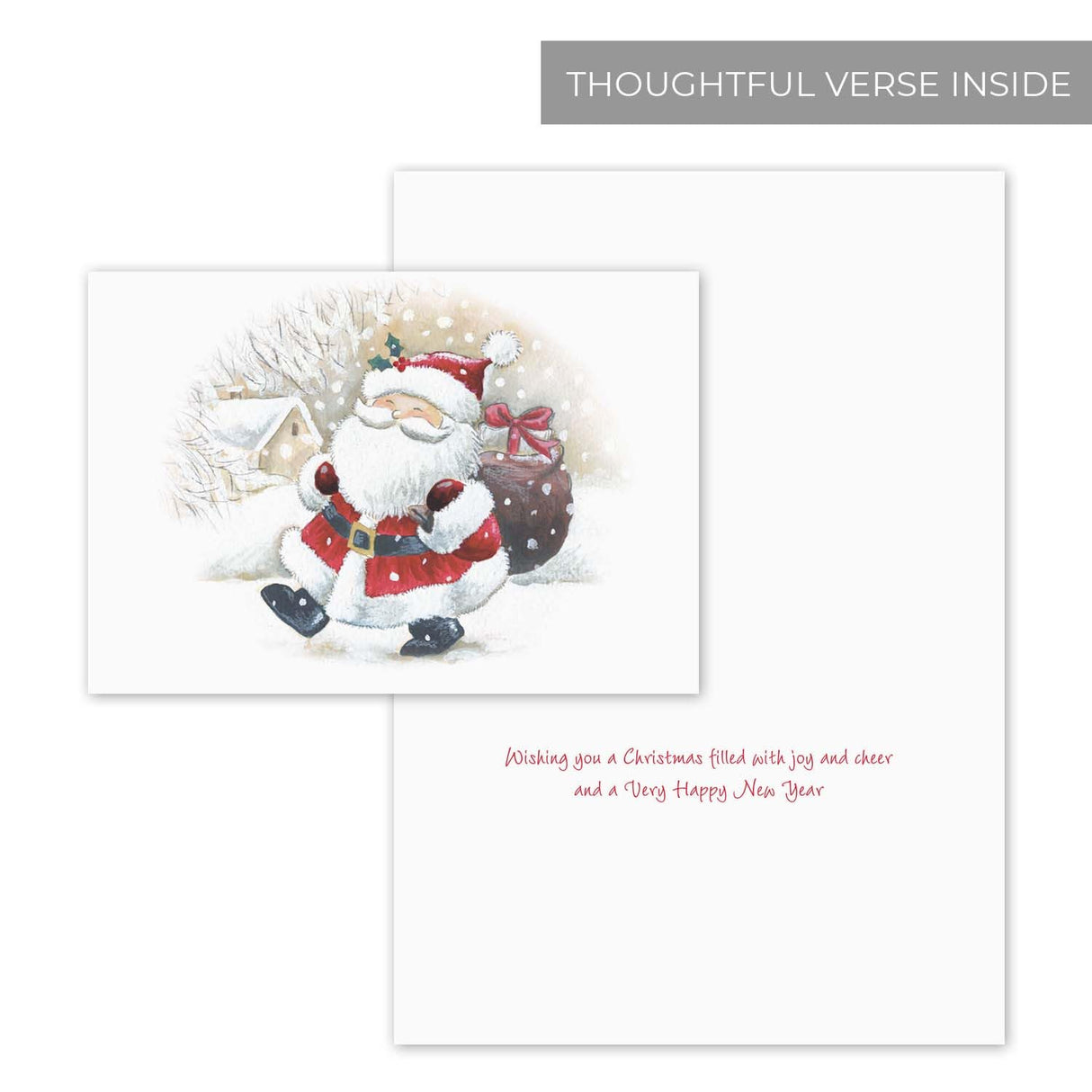 Masterpiece Sparkling Santa Christmas Cards / 16 Festive Holiday Cards Set With White Envelopes / 5 5/8" x 7 7/8" Winter Gold Foil Greeting Cards With Inside Verse/Made In The USA