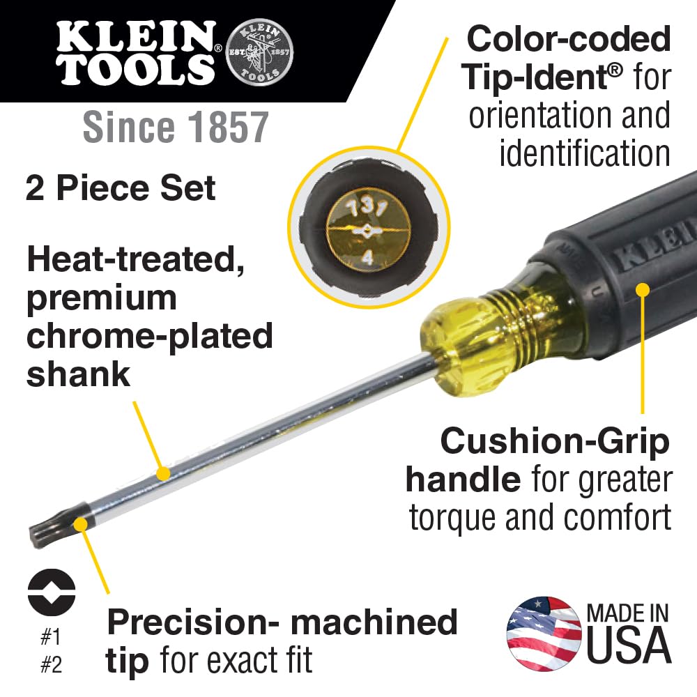 Klein Tools 32378 Combination Tip Screwdriver Set with #1 and #2 Combination Tips and Cushion-Grip Handles, Made in USA, 2-Piece