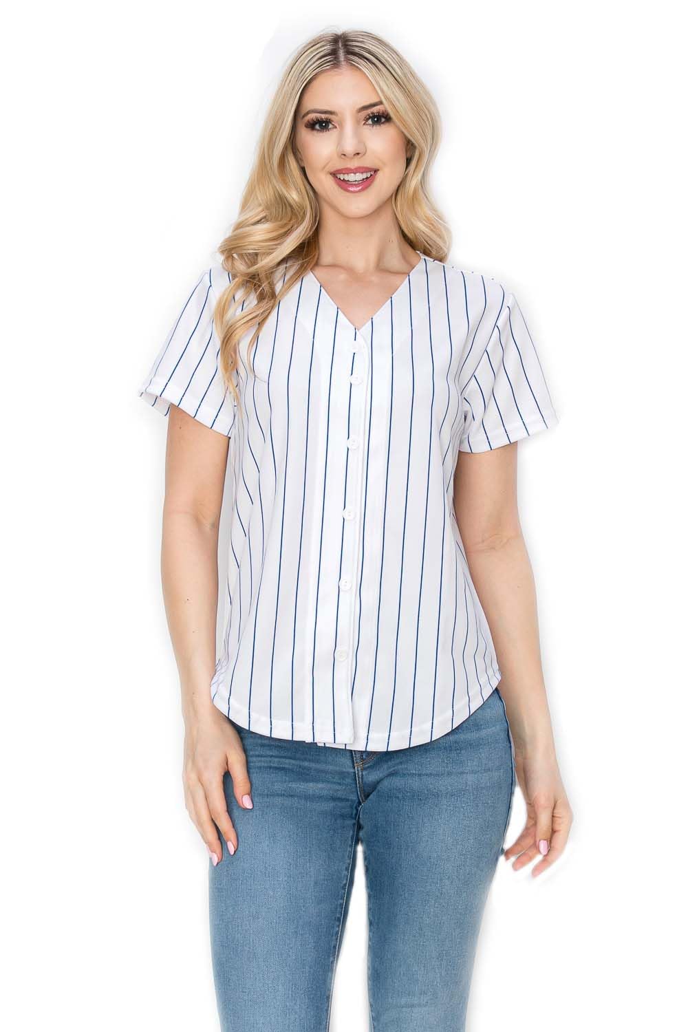 YURO-K Women's White Pinstripe Baseball Jersey/Made in Los Angeles