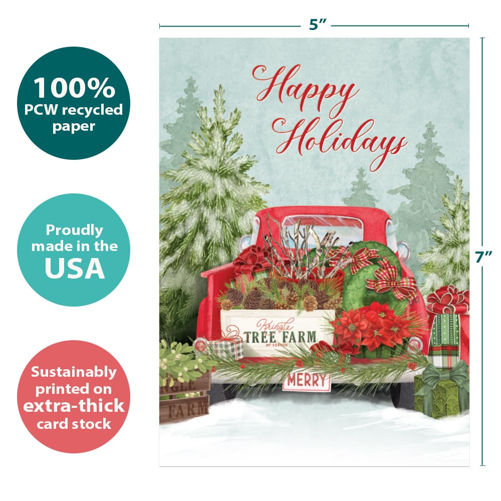 Tree-Free Greetings - Happy Holidays Greeting Cards - Artful Designs - 12 Cards + Matching Envelopes - Made in USA - 100% Recycled Paper - 5"x7" - Kringle Tree Farm (HP60629)