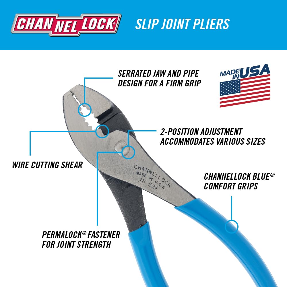 Channellock 526 6-Inch Slip Joint Pliers | Utility Plier with Wire Cutter | Serrated Jaw Forged from High Carbon Steel for Maximum Grip on Materials | Specially Coated for Rust Prevention| Made in USA