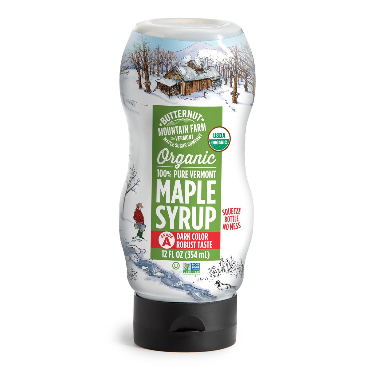 Butternut Mountain Farm Pure Vermont Maple Syrup, Organic, Grade A, Amber Rich, 12 oz, Easy Squeeze Bottle