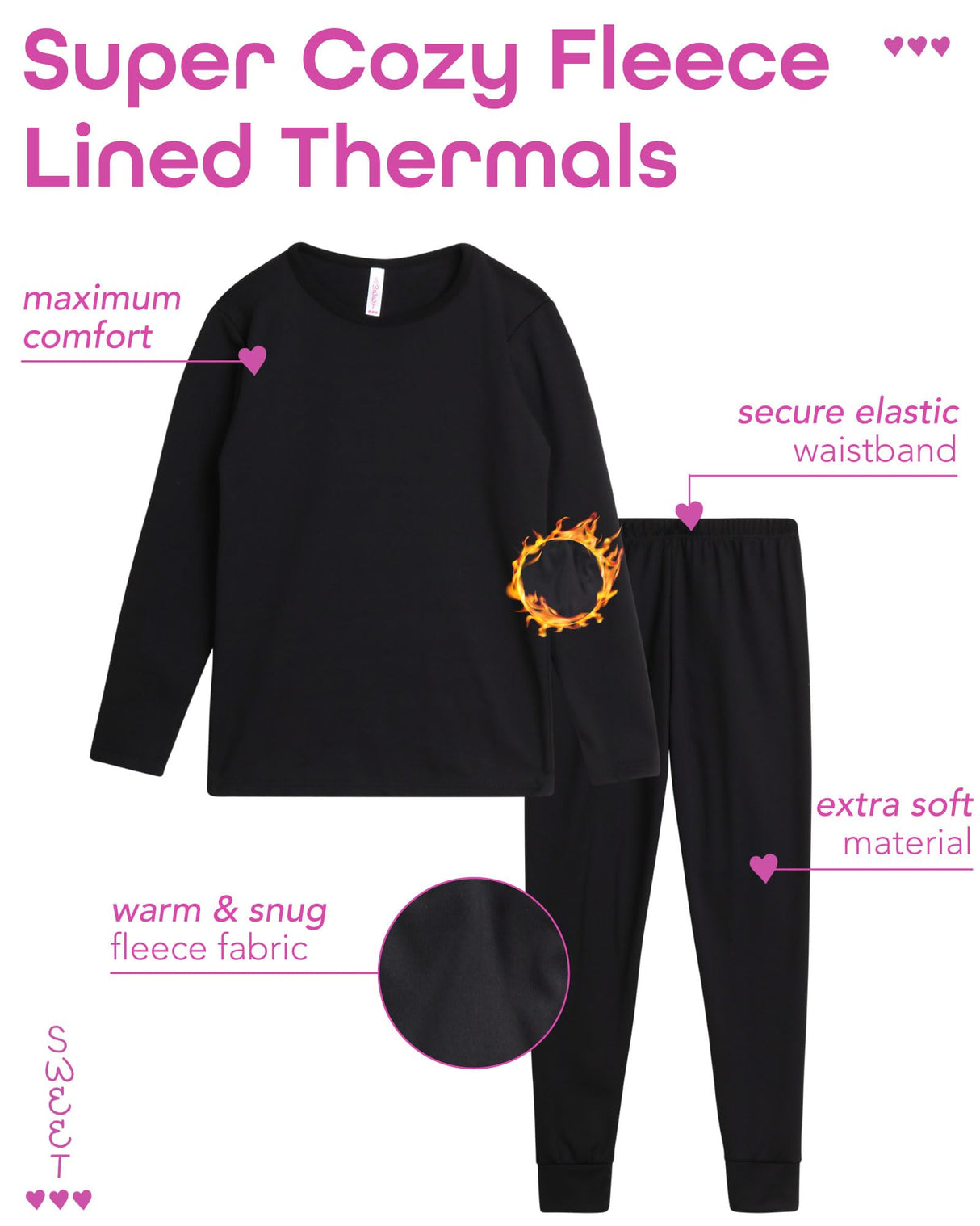 Sweet Hearts Thermal Underwear Set – 2 Piece Fleece Lined Top and Long Johns - Performance Base Layer Set: Made in USA
