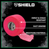 SHIELD | Weightlifting Tape - Made in USA, Hook Grip, Cross-Training, WOD Grip Tape 3-Pack– Durable, Non-Slip, Comfortable Stretchy Athletic Tape – Thumb, Wrist, Finger Protection (Pink)