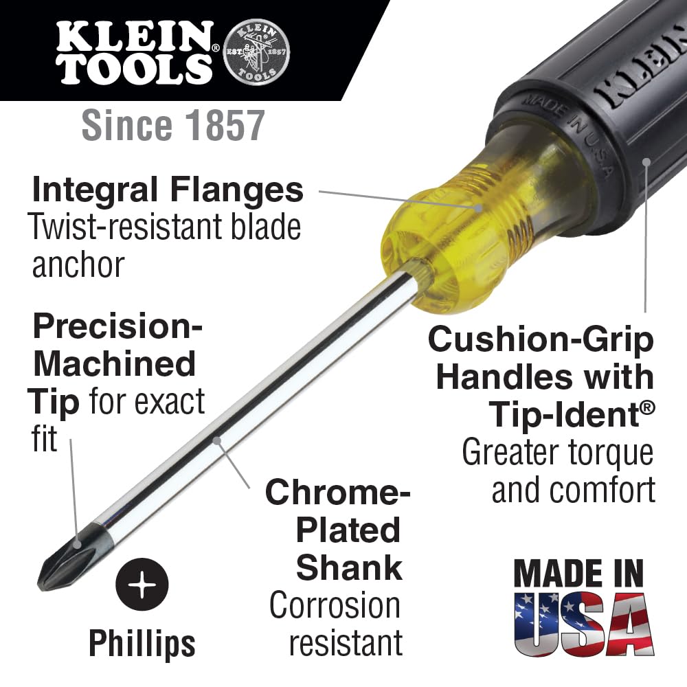 Klein Tools 85076 Screwdriver Set, Made in USA, Slotted and Phillips Screwdrivers with Non-Slip Cushion-Grip Handles and Tip-Ident, 7-Piece