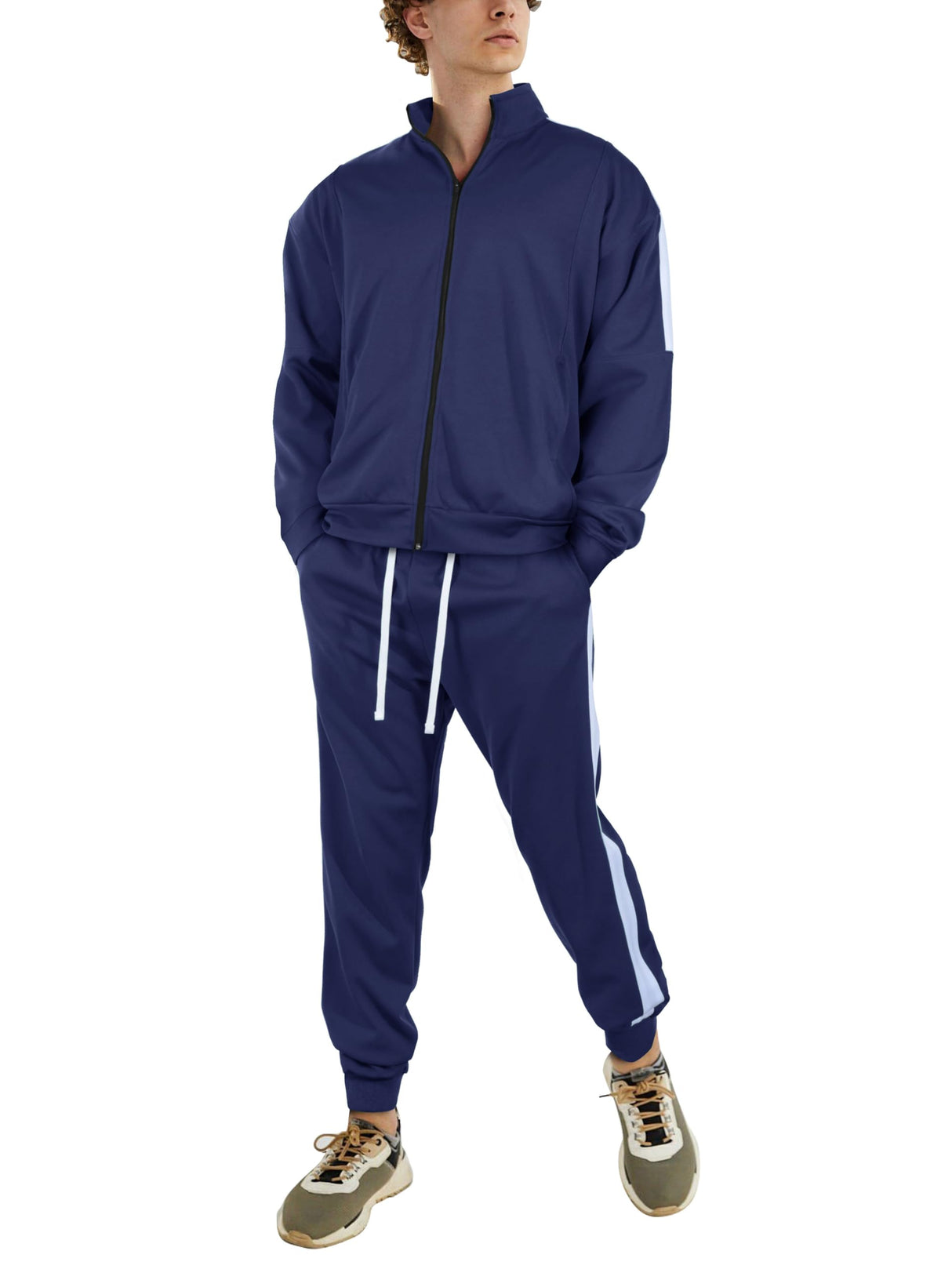 Hat and Beyond Mens Made in USA Premium Track Jacket & Pants Striped Sweatsuit Athletic Casual Essentials Gym