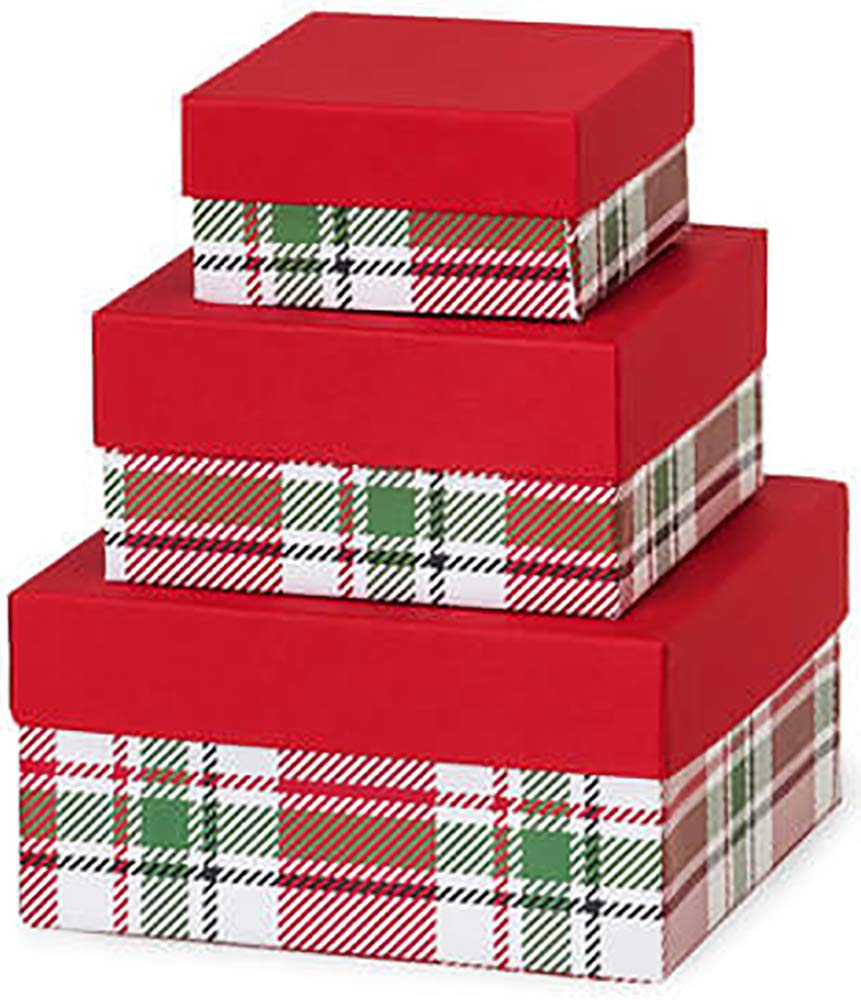 Made in USA Recycled Paper Kraft Boxes – 3.25”, 4.25” & 5.25” – Nested Squared Boxes with Lids (Small Set of 3 - Christmas Plaid)