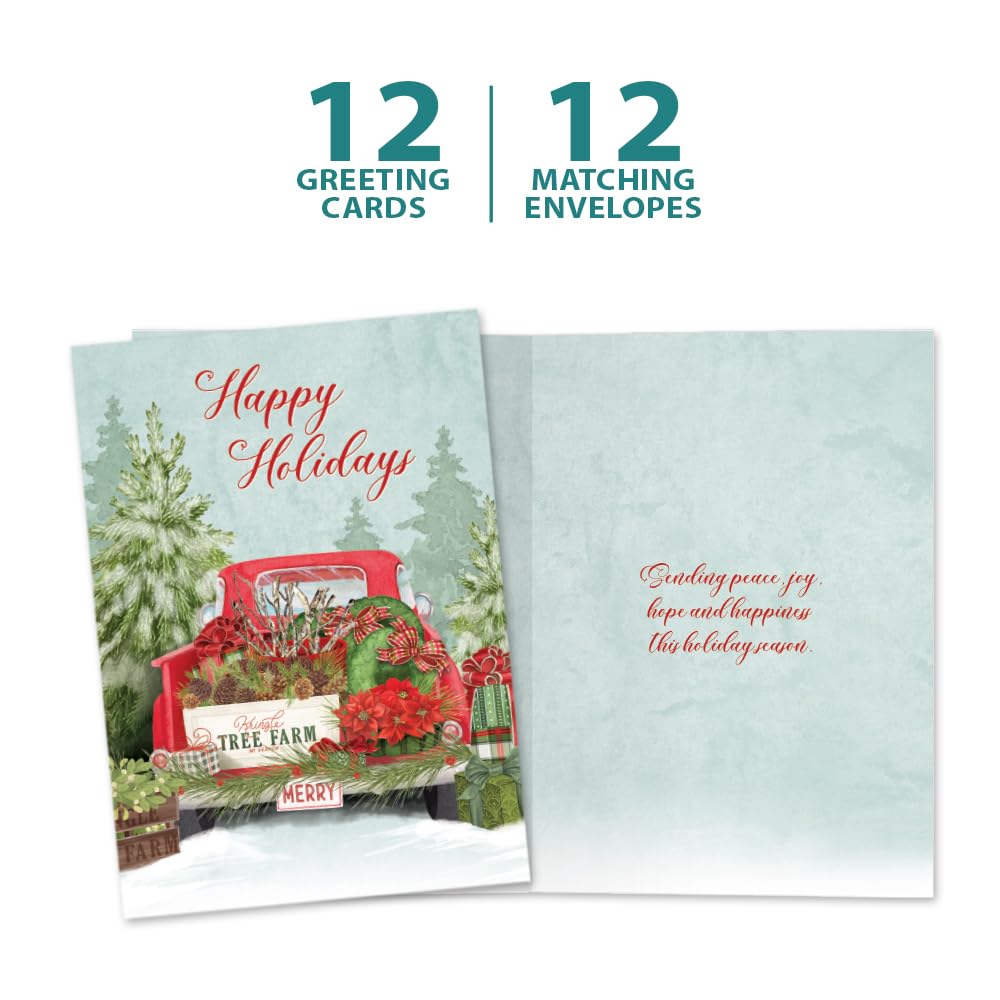 Tree-Free Greetings - Happy Holidays Greeting Cards - Artful Designs - 12 Cards + Matching Envelopes - Made in USA - 100% Recycled Paper - 5"x7" - Kringle Tree Farm (HP60629)