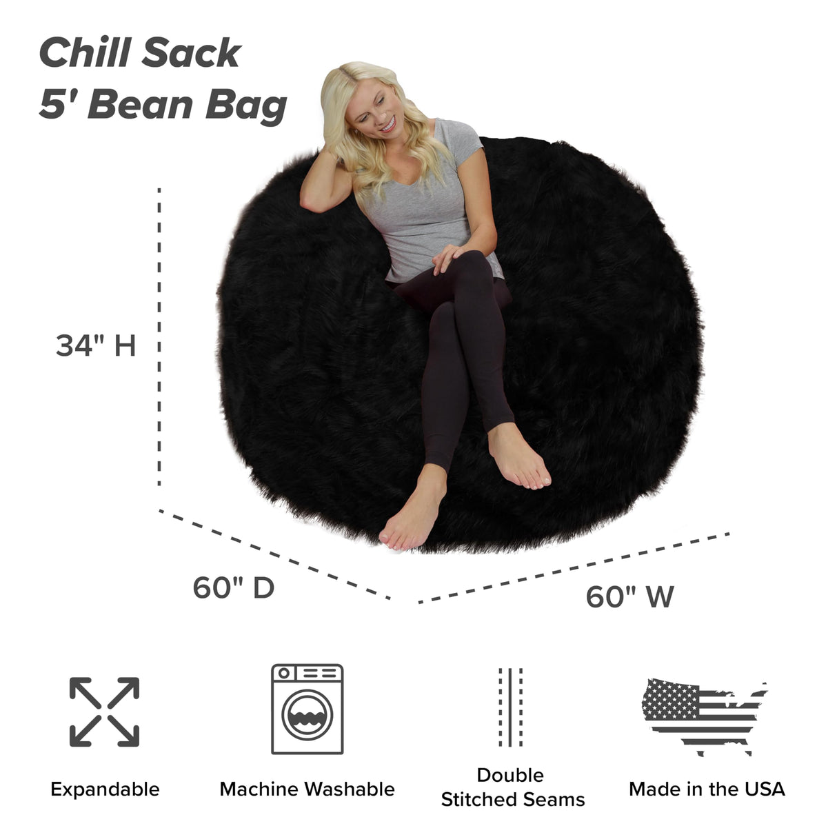 Chill Sack Bean Bag Chair: Giant 5' Memory Foam Furniture Bean Bag - Big Sofa with Soft Micro Fiber Cover - Black