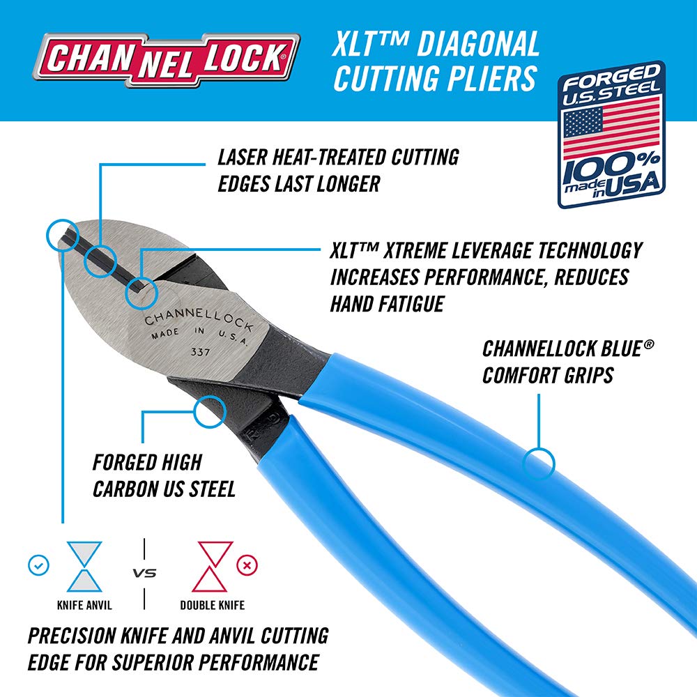 CHANNELLOCK 336 6-inch XLT Diagonal Cutting Pliers, Knife and Anvil Style Cutting Edge for Superior Cutting Edge Life, Forged High Carbon Steel, Made in the USA