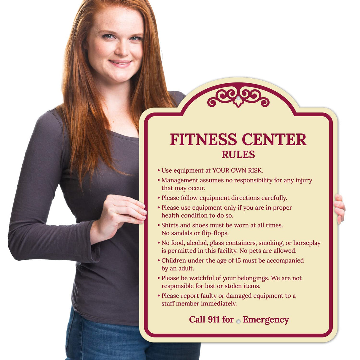 Sigo Signs, Fitness Center Rules Use Equipment at Your Own Risk Décor Sign, Green Light, 12x18 Inches, ACM, Fade Resistant, Made in USA