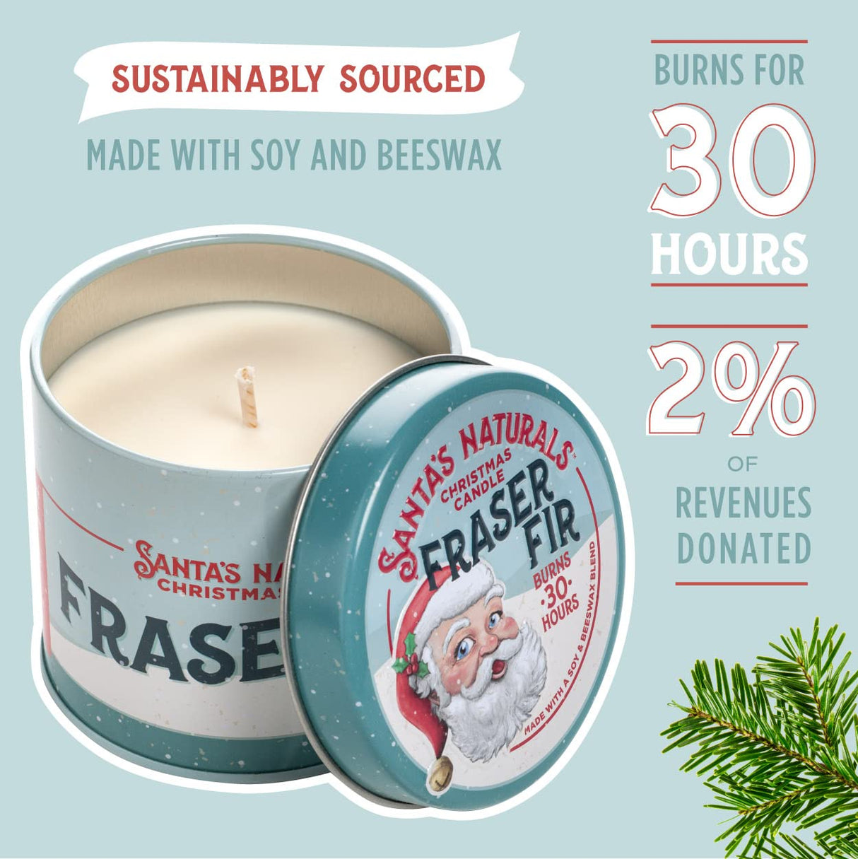 Santa's Naturals Fraser Fir Christmas Candle (9oz) | Authentic Pine Scent | Christmas Gift | Burns 30+ Hours | Made in USA | Soy and Beeswax Blend with Essential Oils | Holiday Candle