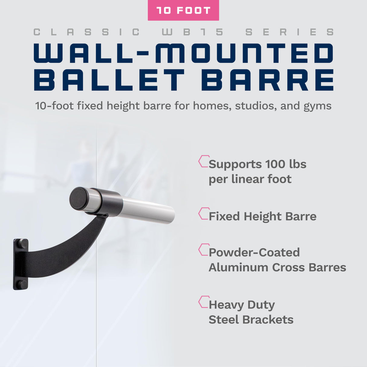 Wall-Mounted Single Ballet Barre, Classic WB15, Aluminum | Fixed Height, Made in USA, Home, Studio or Gym Exercise Equipment for Kids & Adults | Dance, Fitness, Pilates