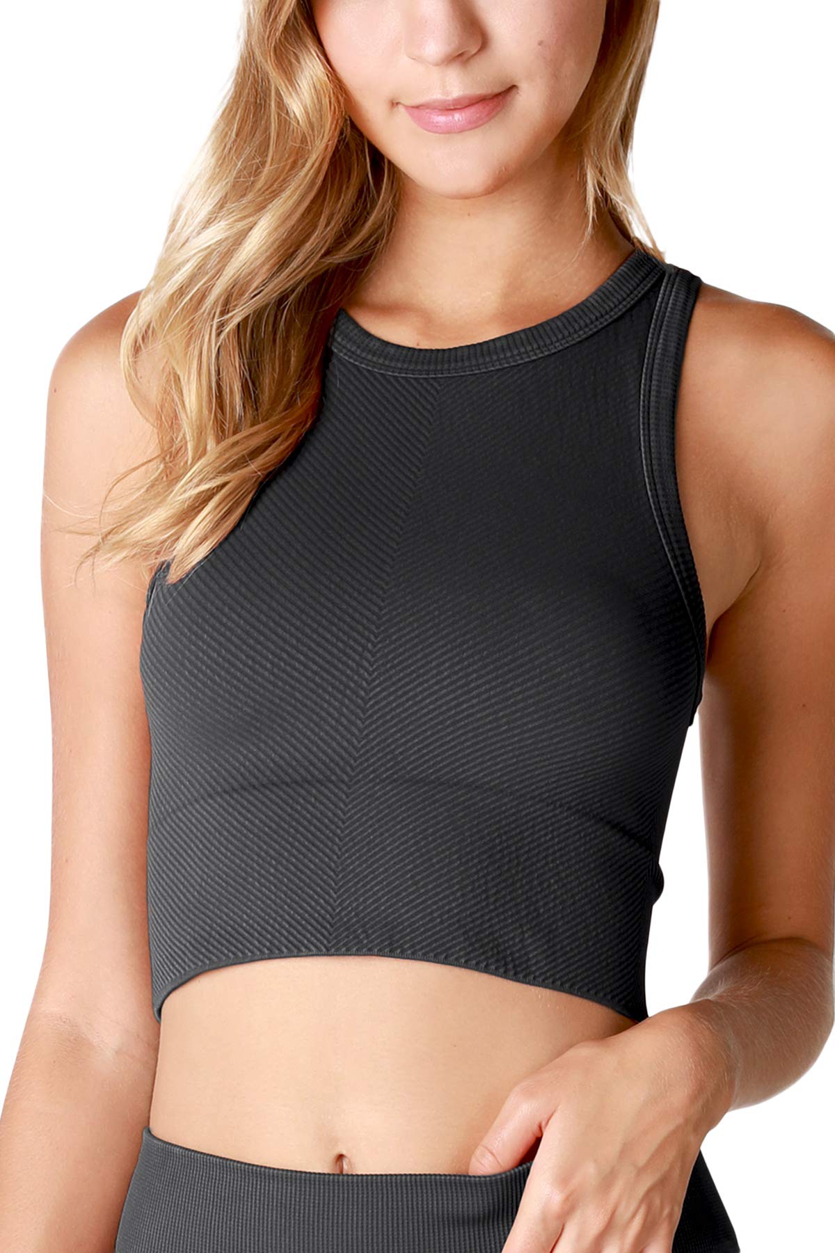 NIKIBIKI Women Seamless Vintage Chevron High Neck Crop Top, Made in U.S.A, One Size