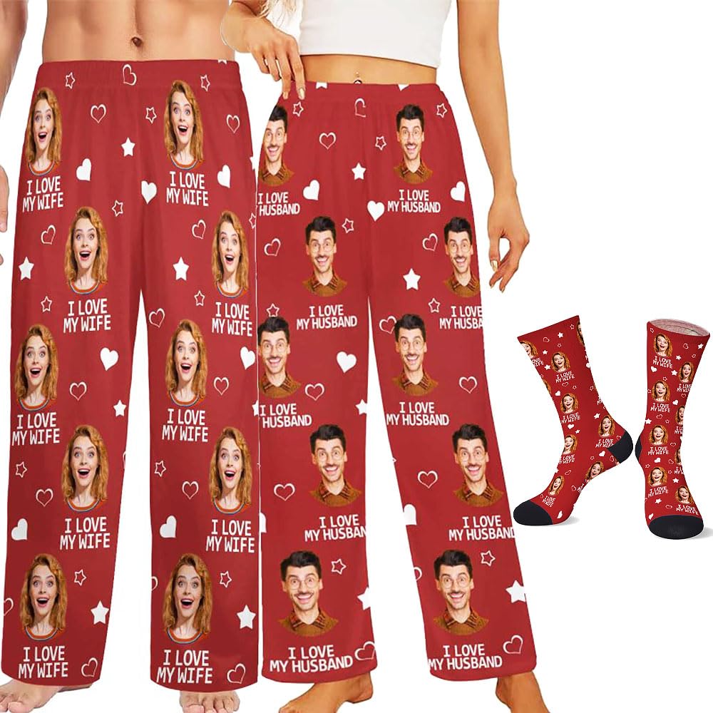 Custom Pajamas Pants with Photo for Men Women:Made in USA Personalized Pajama Trousers,Gifts for Wife Husband