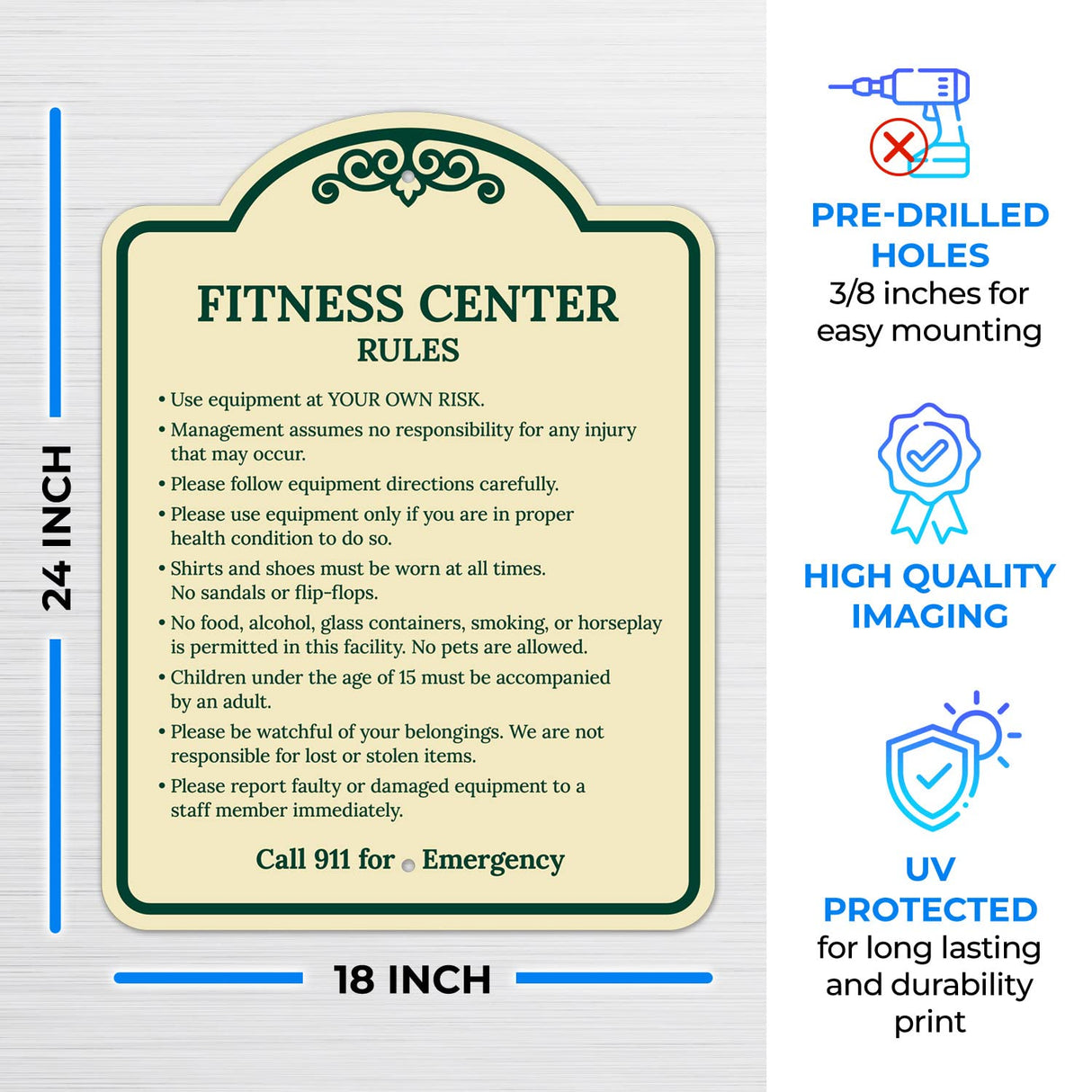 Sigo Signs, Fitness Center Rules Use Equipment at Your Own Risk Décor Sign, Green Light, 12x18 Inches, ACM, Fade Resistant, Made in USA