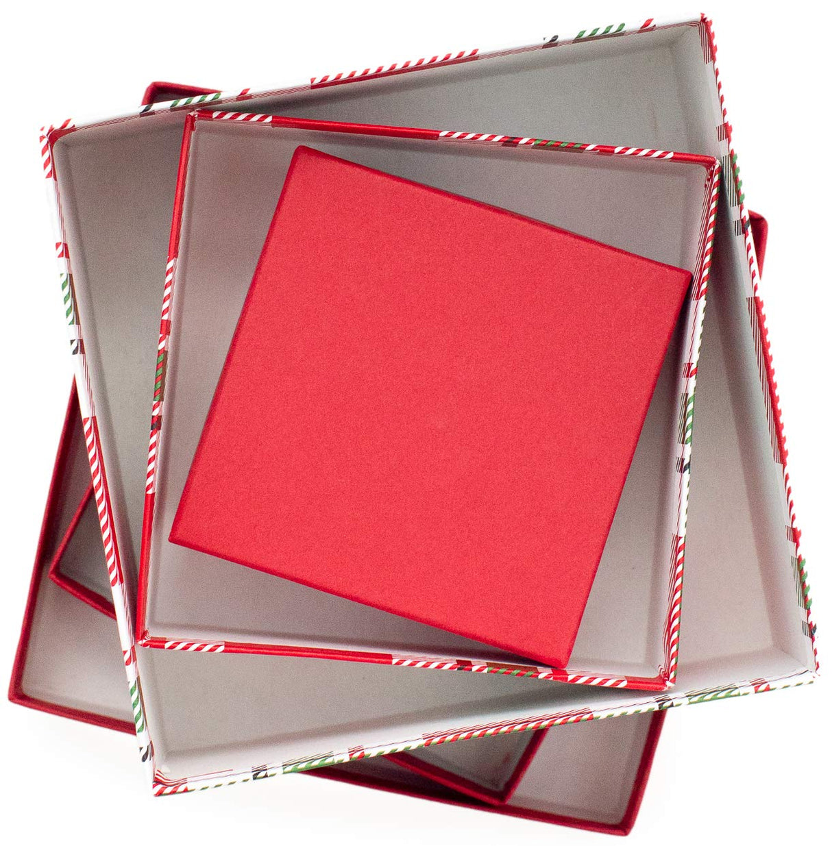 Made in USA Recycled Paper Kraft Boxes – 3.25”, 4.25” & 5.25” – Nested Squared Boxes with Lids (Small Set of 3 - Christmas Plaid)