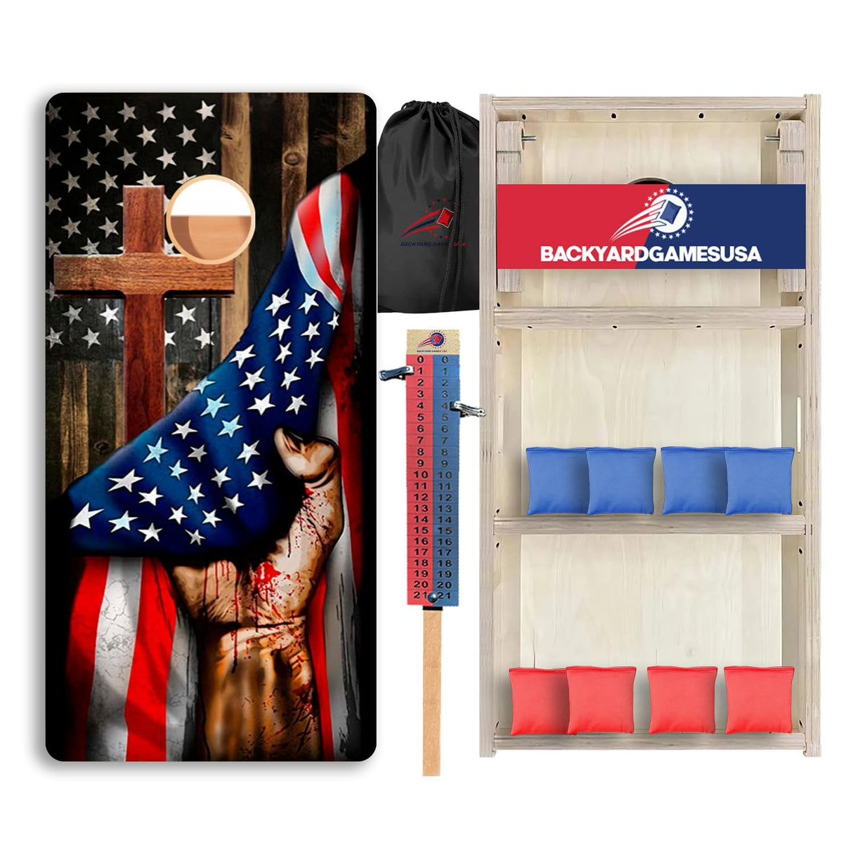 BackYardGamesUSA Pro Cornhole Boards Set | Made in USA | 3/4 Baltic Birch | No Bounce | Triple Thick Legs | Two Brace & Handles, Tournament 2x4 Regulation Set with Score Tower & Cornhole Bags