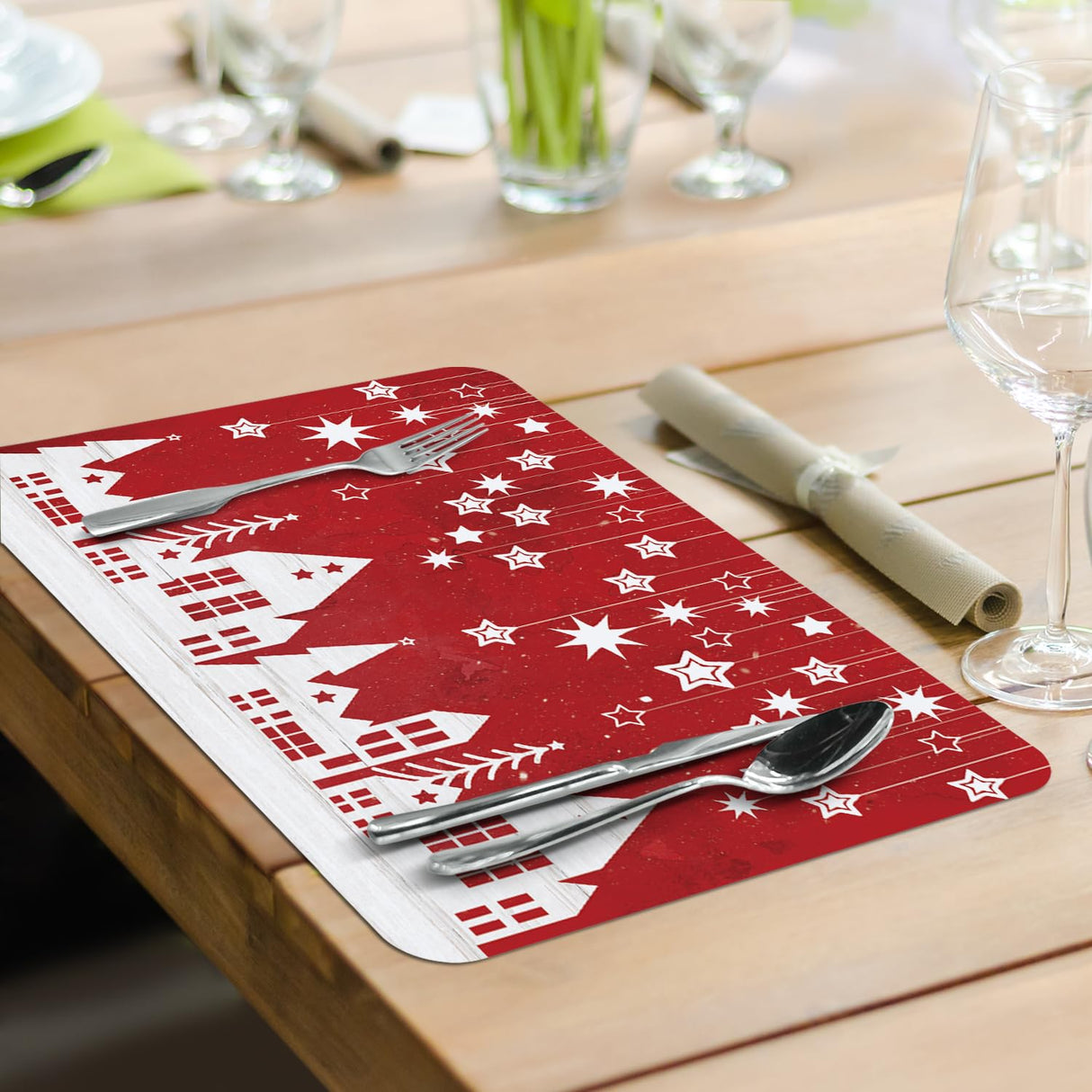 CounterArt Scandinavian Christmas 4 Pack Reversible Easy Care Flexible Plastic Placemats Made in The USA BPA Free Easily Wipes Clean