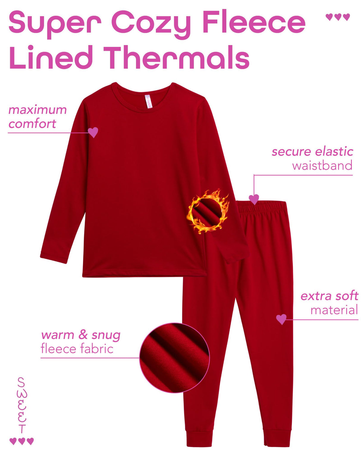 Sweet Hearts Thermal Underwear Set – 2 Piece Fleece Lined Top and Long Johns - Performance Base Layer Set: Made in USA