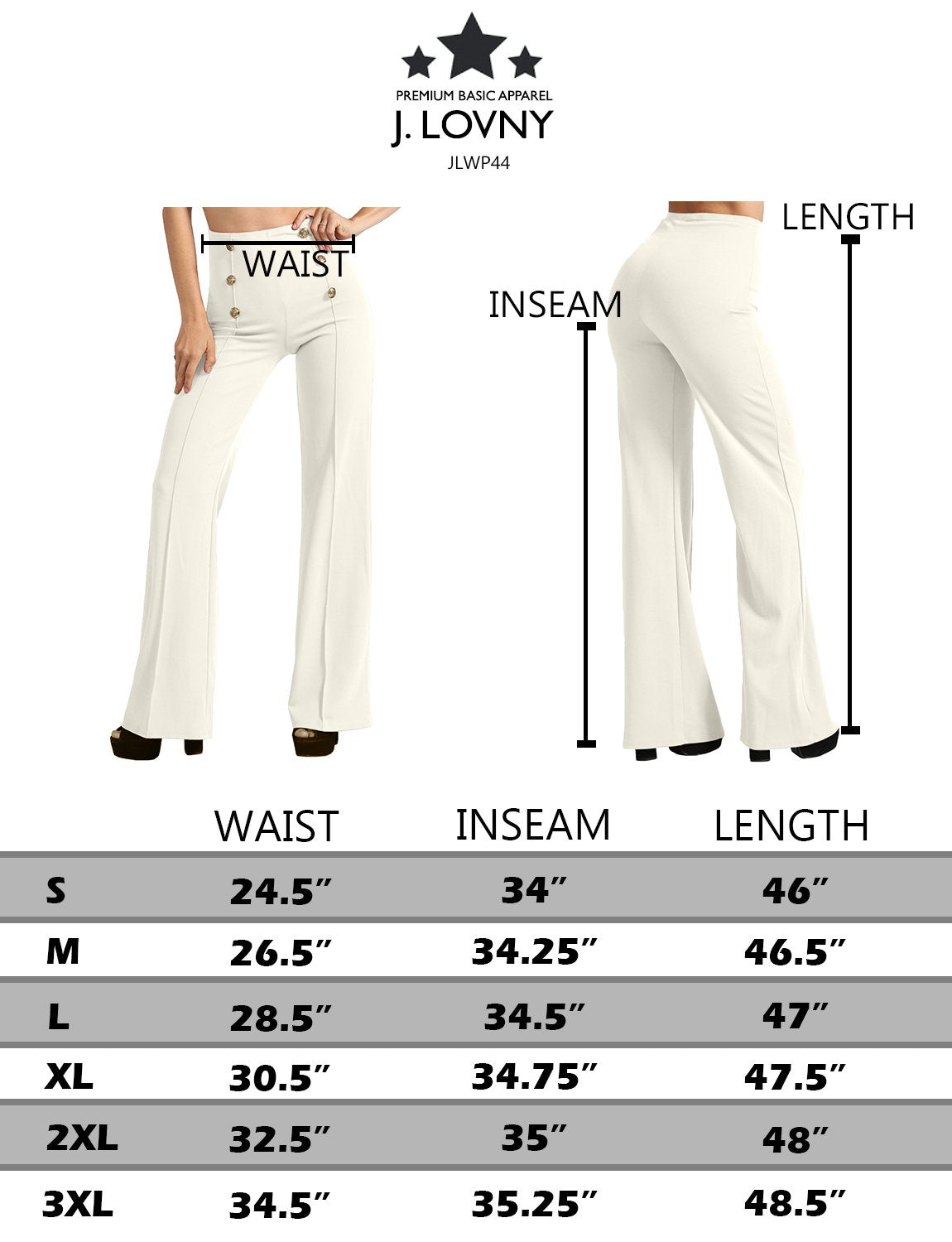 J. LOVNY Womens Sailor Bell Bottom High Waist Long Pants Made in USA S-3XL