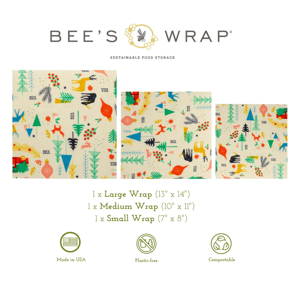 Bee's Wrap Reusable Beeswax Food Wraps Made in The USA, Eco Friendly Beeswax Wraps for Food, Sustainable Food Storage Containers, Organic Cotton Food Wraps, Assorted 3 Pack (S, M, L), Honeycomb