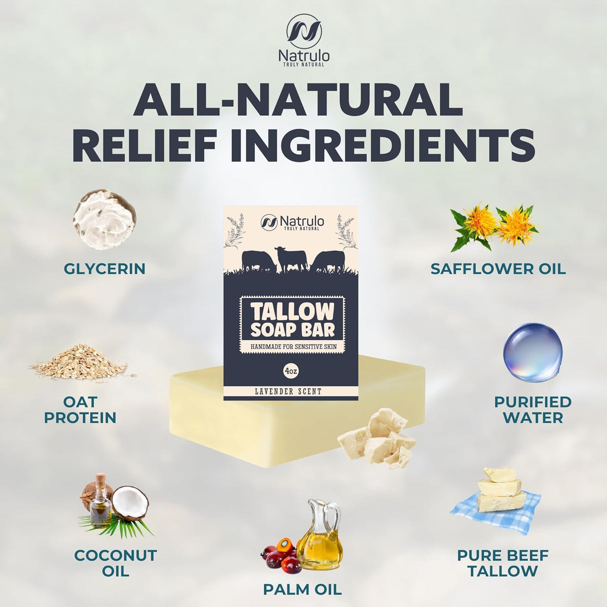 Beef Tallow Soap Bar – All Natural Grass Fed Tallow Soap Lavender – Moisturizing Face & Body Wash Great for Eczema, Dry, Itchy, Sensitive Skin – Handcrafted Bath Soap for Adults, Kids, Made in USA