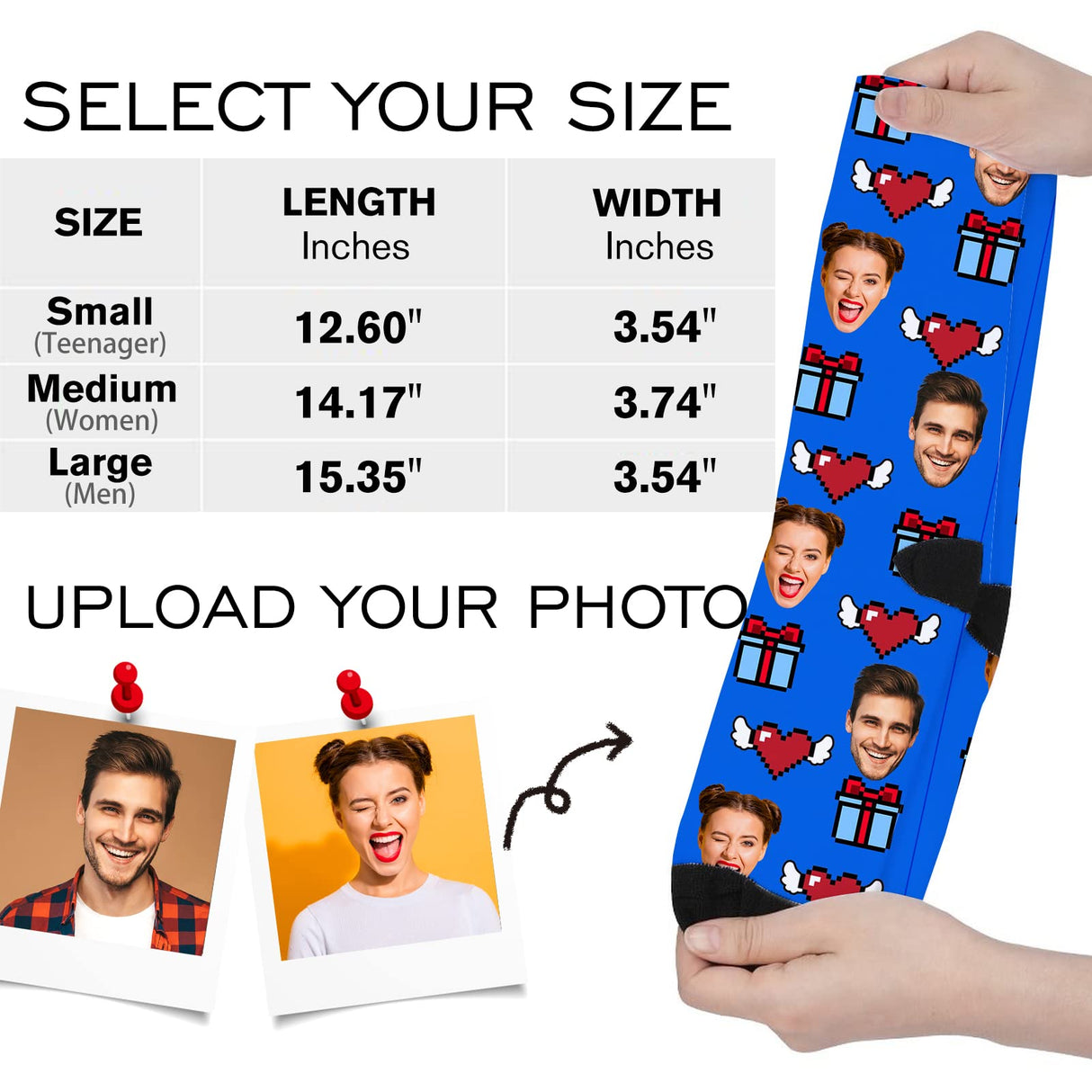 Custom Face Socks with Photo Novelty Crew Socks, Personalized Red Hearts Unisex Crew Sock Gifts for Men Women Made in USA