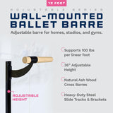 VITA Barre Wall-Mounted Ballet Barre, Wood | Adjustable Height, Made in USA, Home, Studio or Gym Exercise Equipment for Kids & Adults | Dance, Fitness, Pilates