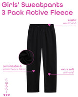 Sweet Hearts Girls' Sweatpants - 3 Pack Active Fleece Open Bottom Sweatpants - Casual Performance Pants: Made in USA