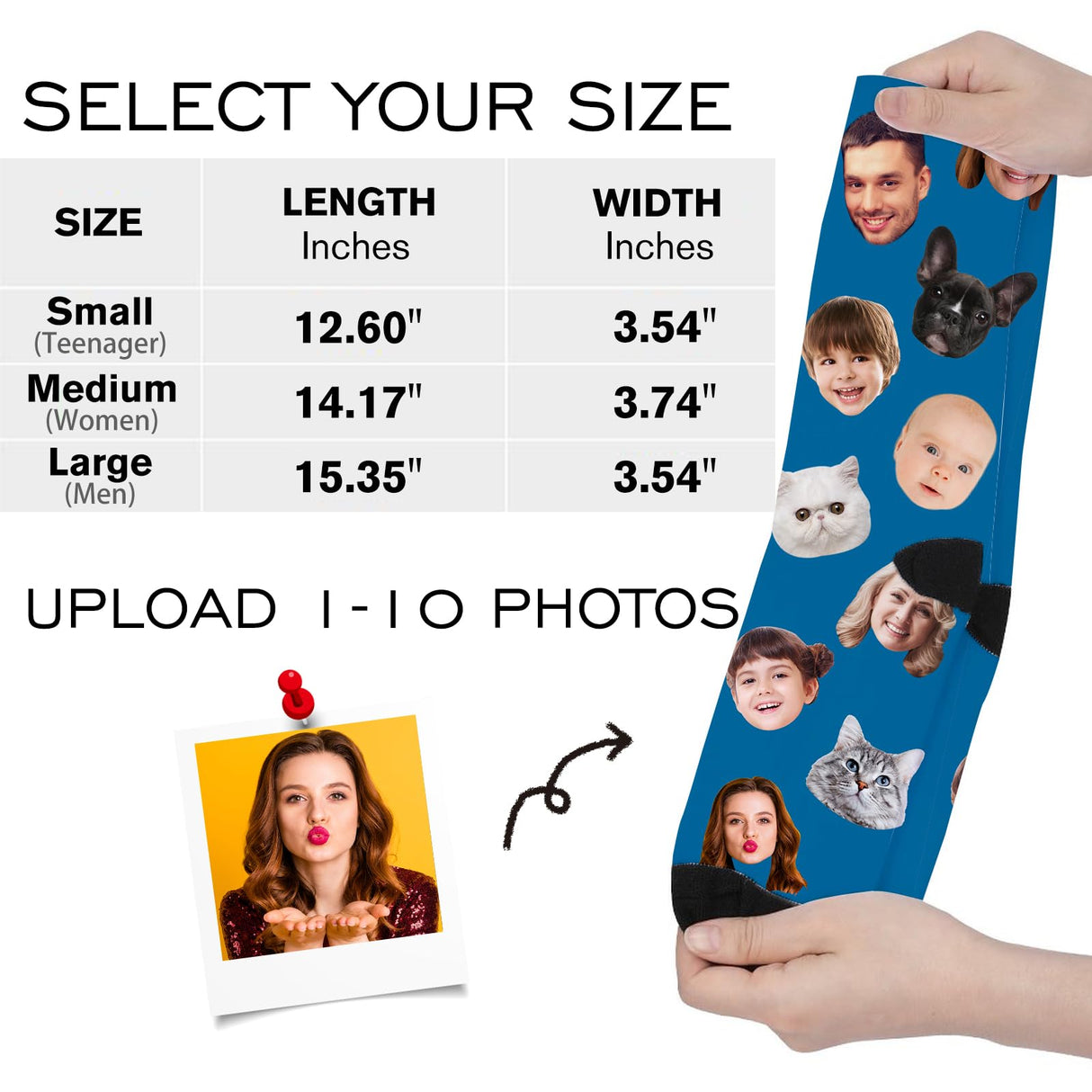 Custom Face Socks with Photo Novelty Crew Socks, Personalized Red Hearts Unisex Crew Sock Gifts for Men Women Made in USA