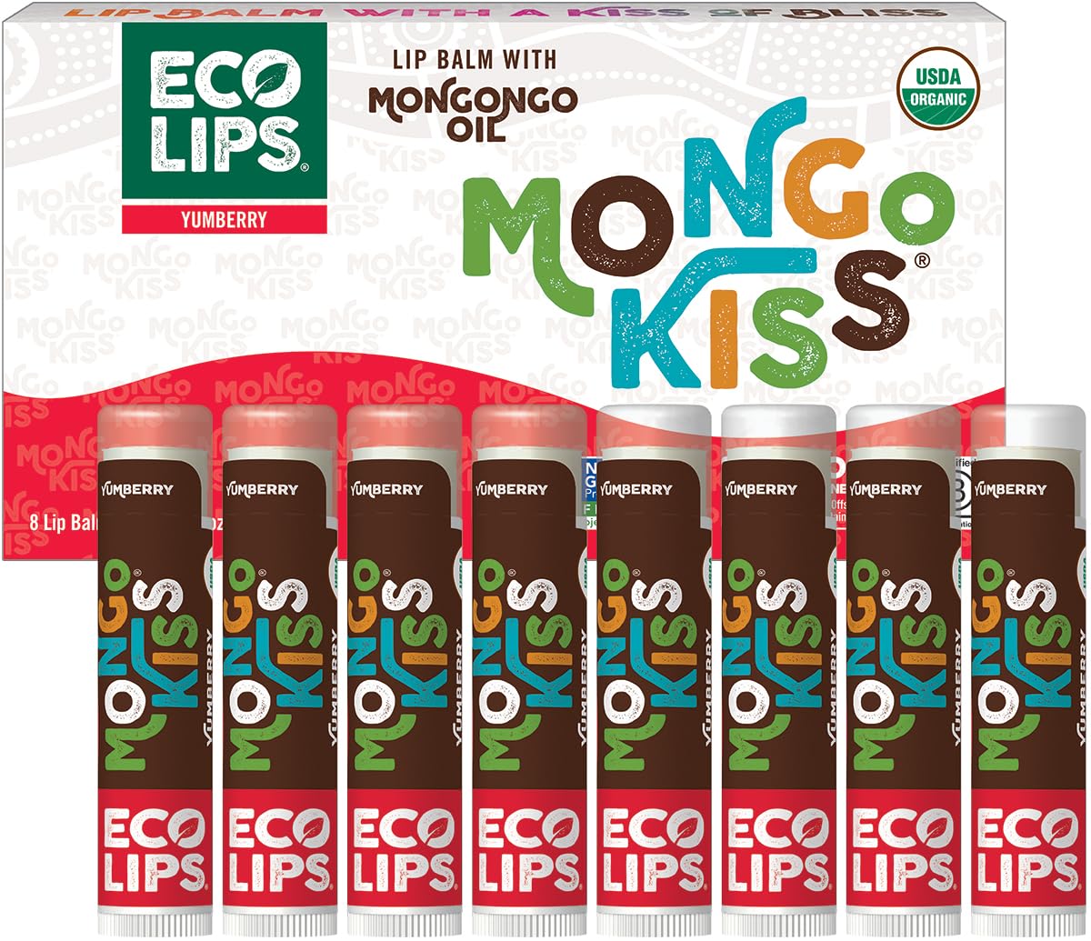 Eco Lips Mongo Kiss Certified Organic Lip Balm Variety 8-pack with Mongongo Oil & Cocoa Butter to Moisturize Dry Chapped Lips | Made in USA