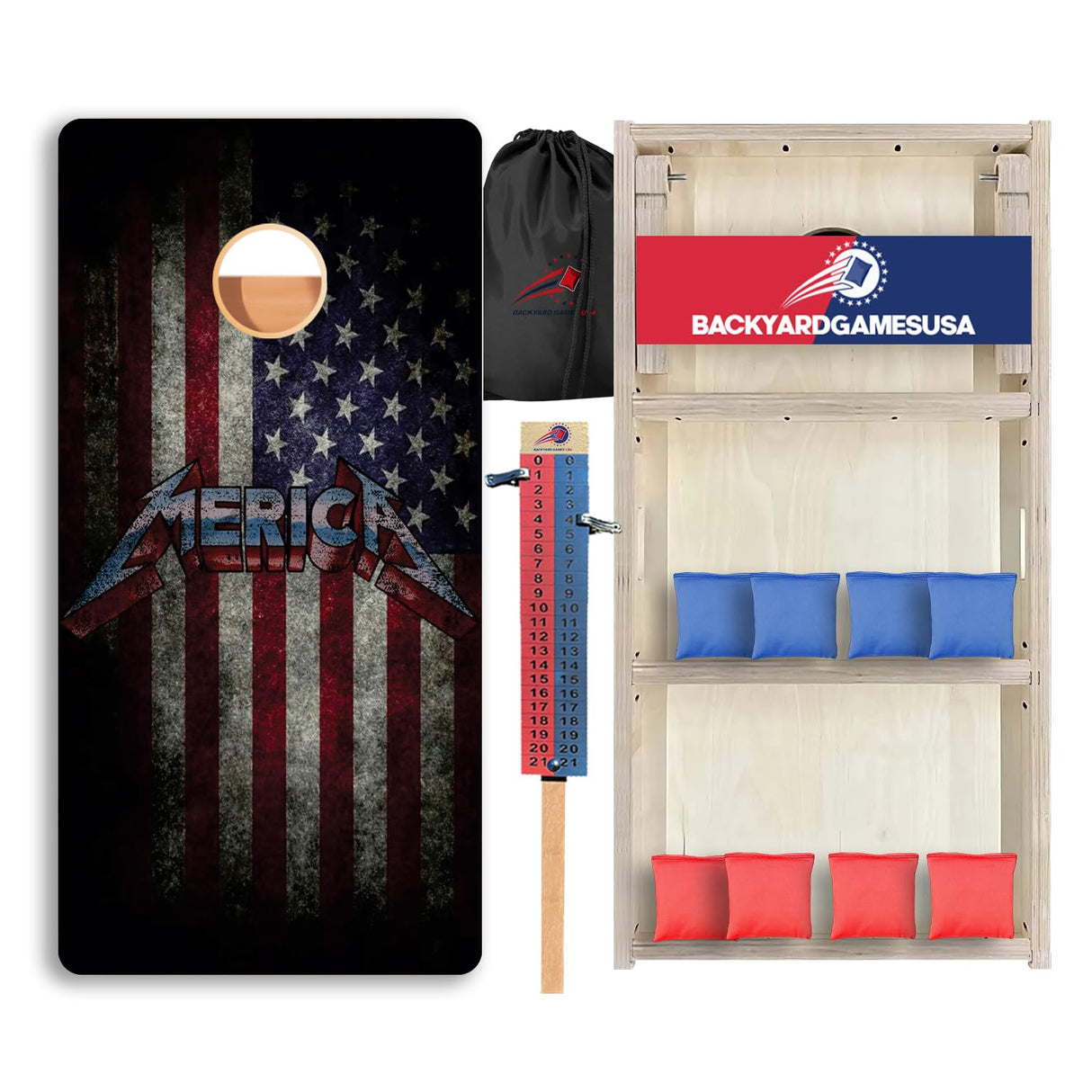 BackYardGamesUSA Pro Cornhole Boards Set | Made in USA | 3/4 Baltic Birch | No Bounce | Triple Thick Legs | Two Brace & Handles, Tournament 2x4 Regulation Set with Score Tower & Cornhole Bags