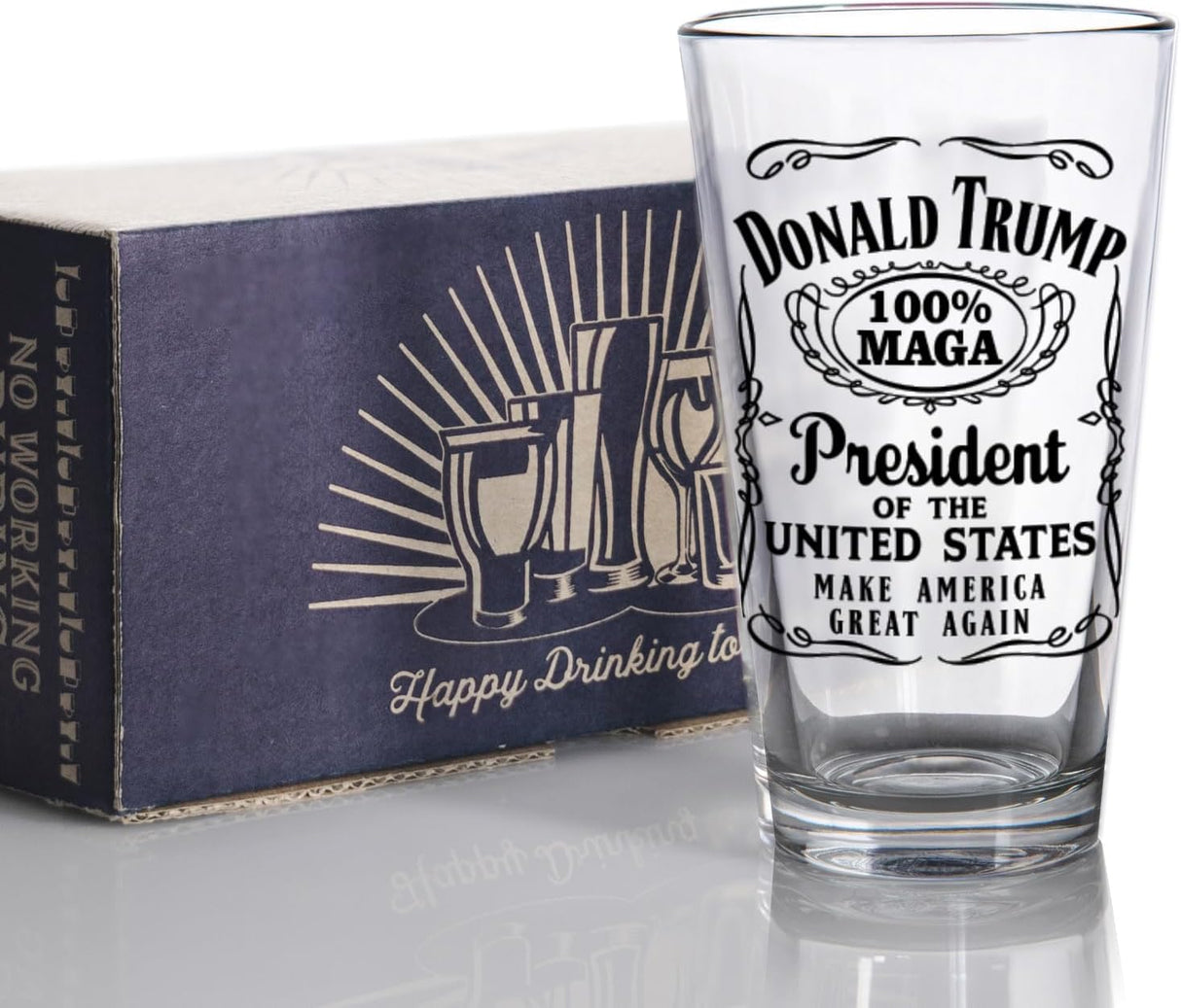 Donald Trump Christmas Gift 100% MAGA Label 16 oz Pint Glass for Dad, Gift for Husband, Stepfather Gift Idea, Unique Gifts for Men, Trump Merch (101-15182-D)
