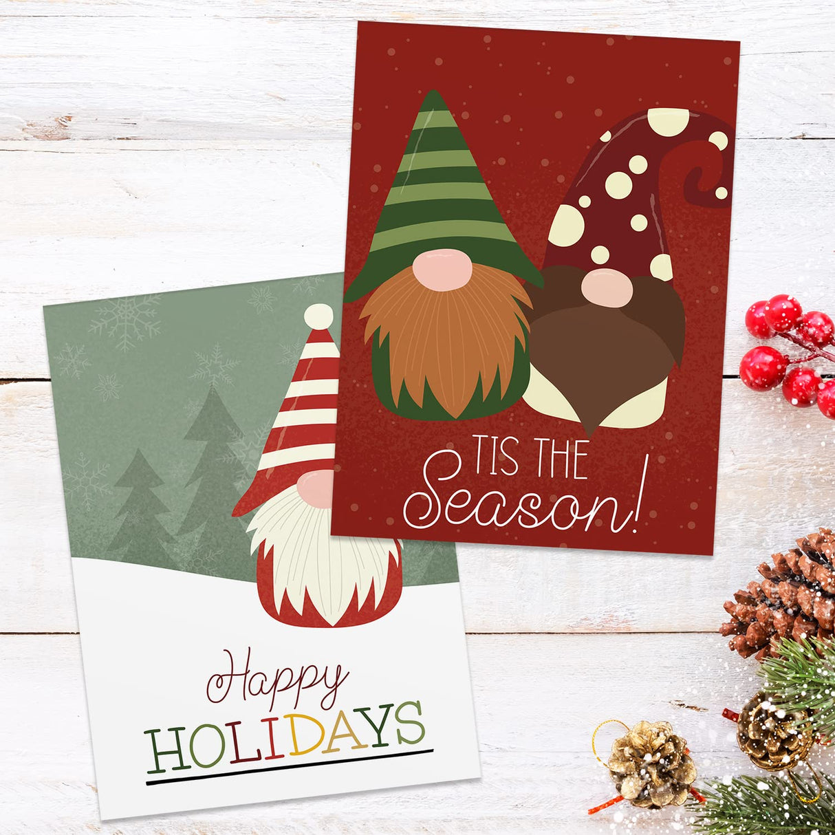 Painted Kraft Style Holiday Cards / 24 Modern Christmas Note Cards With White Envelopes / 4 5/8" x 6 1/4" Illustrated Faux Kraft Greeting Cards / 6 Cheery Winter Designs/Made In The USA