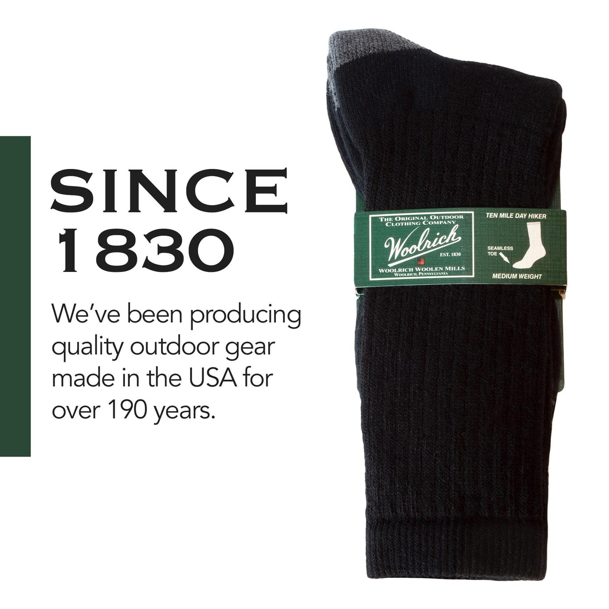 Woolrich Merino Wool Socks for Men - Made in USA, Crew Hiking Sock, Made of 78% Merino Lambswool w/Padded Arch, 2 Pairs