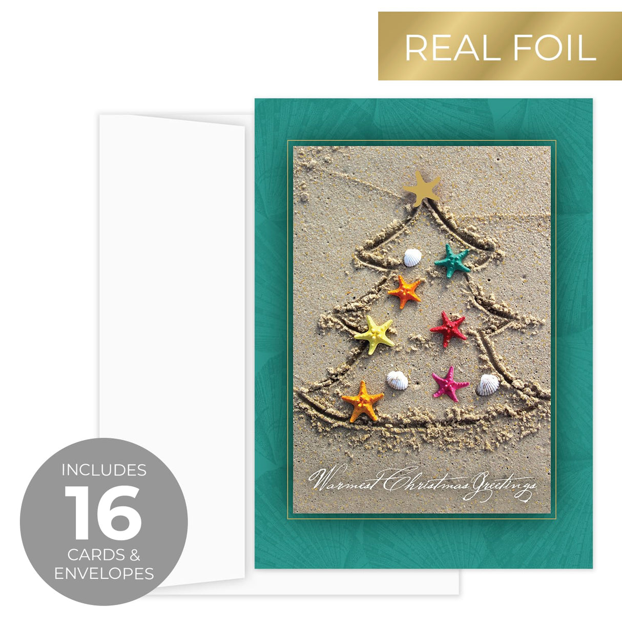 Masterpiece Sparkling Santa Christmas Cards / 16 Festive Holiday Cards Set With White Envelopes / 5 5/8" x 7 7/8" Winter Gold Foil Greeting Cards With Inside Verse/Made In The USA