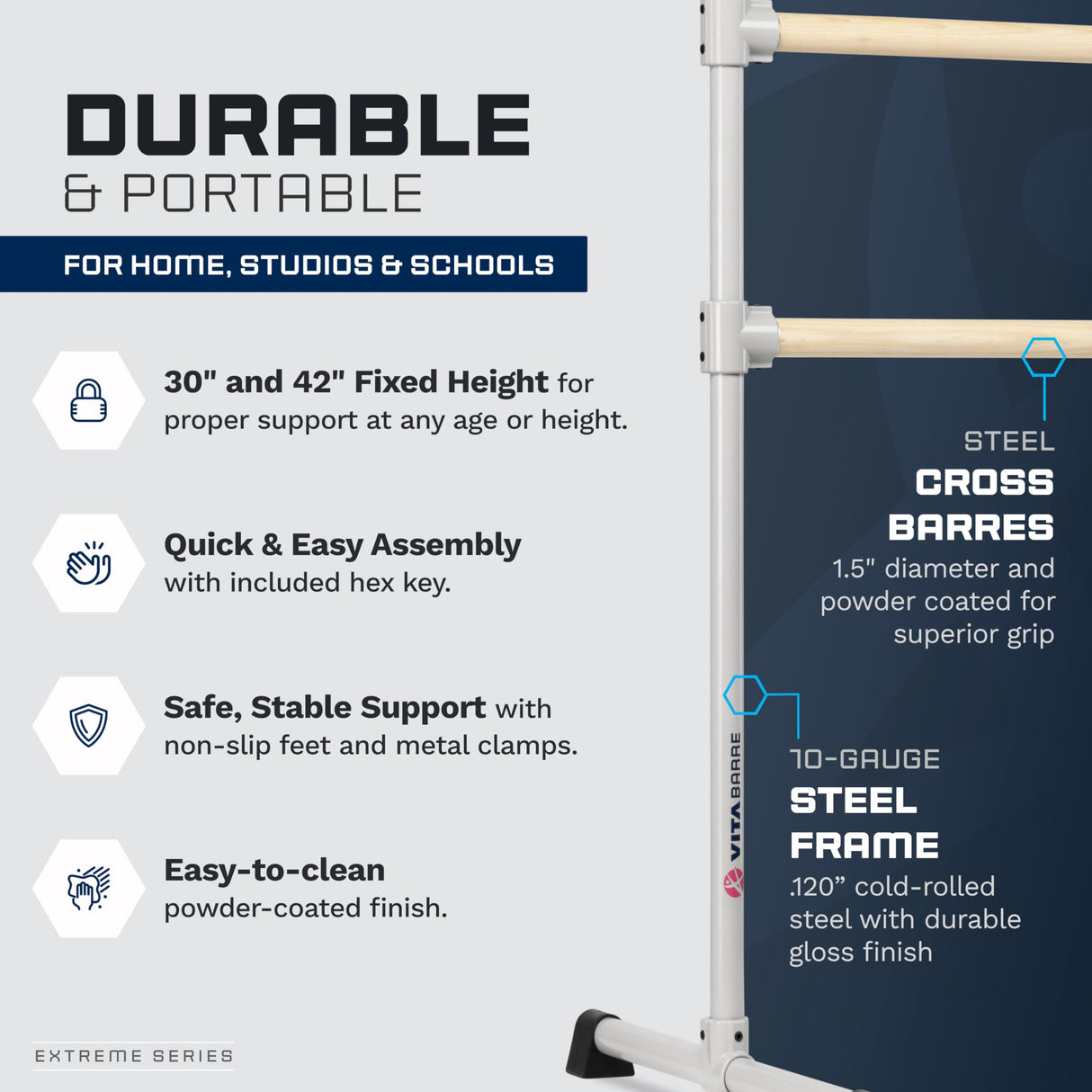 VITA Barre Portable Freestanding Double Ballet Barre, Extreme, Wood | Fixed Height, Made in USA, Home or Gym Exercise Equipment for Kids & Adults | Dance, Fitness, Pilates
