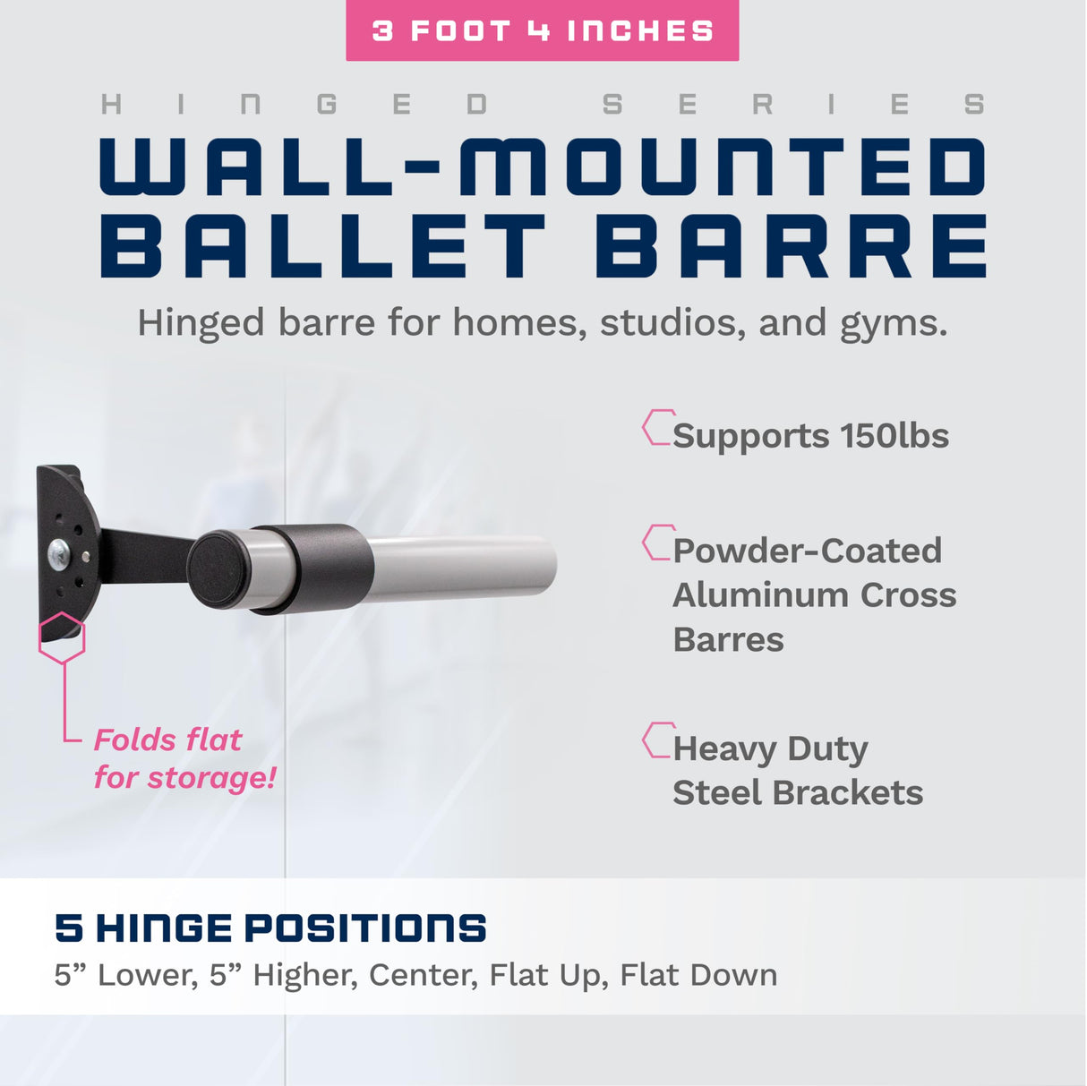 VITA Barre Wall-Mounted Single Ballet Barre, Traditional, Wood and Aluminum | Hinged Height, Made in USA, Home, Studio or Gym Exercise Equipment for Kids & Adults | Dance, Fitness, Pilates