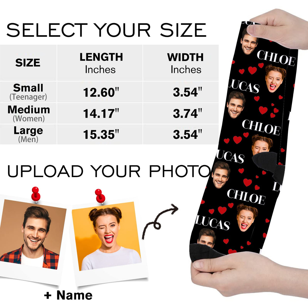 Custom Face Socks with Photo Novelty Crew Socks, Personalized Red Hearts Unisex Crew Sock Gifts for Men Women Made in USA