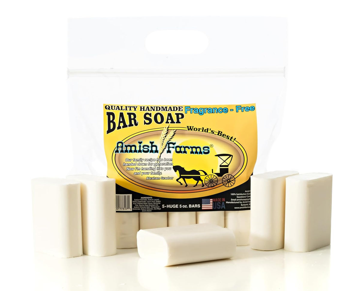 Amish Farms Fragrance-Free Natural Bar Soap for Sensitive Skin, Original Recipe - Made in USA (Huge 5 Bars) Unscented Moisturizing Bar Soap (5-Pack)