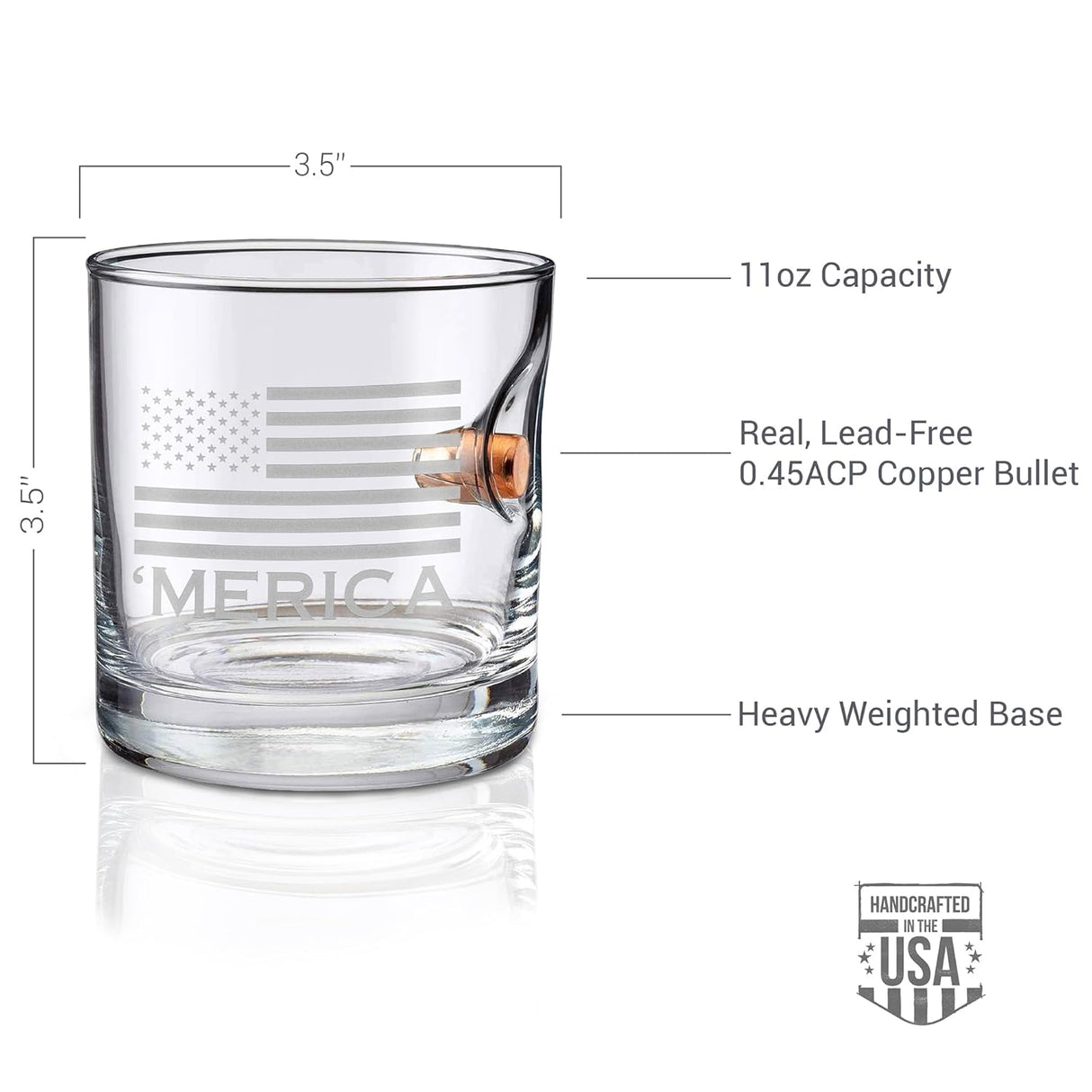 BenShot 'Merica Rocks Glass with Real 0.45ACP Bullet - 11oz | Made in the USA