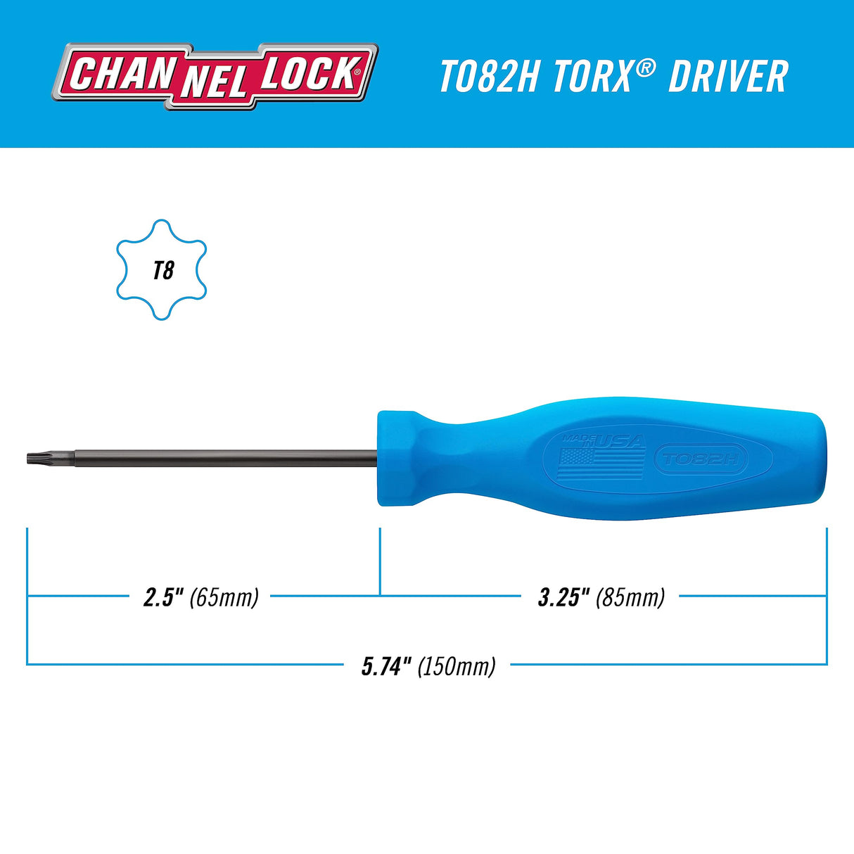 CHANNELLOCK T082H T8 x 2.5-inch Professional Torx Screwdriver, Precision Machined Non-Magnetic, Made in USA, Molded Tri-Lobe Grip