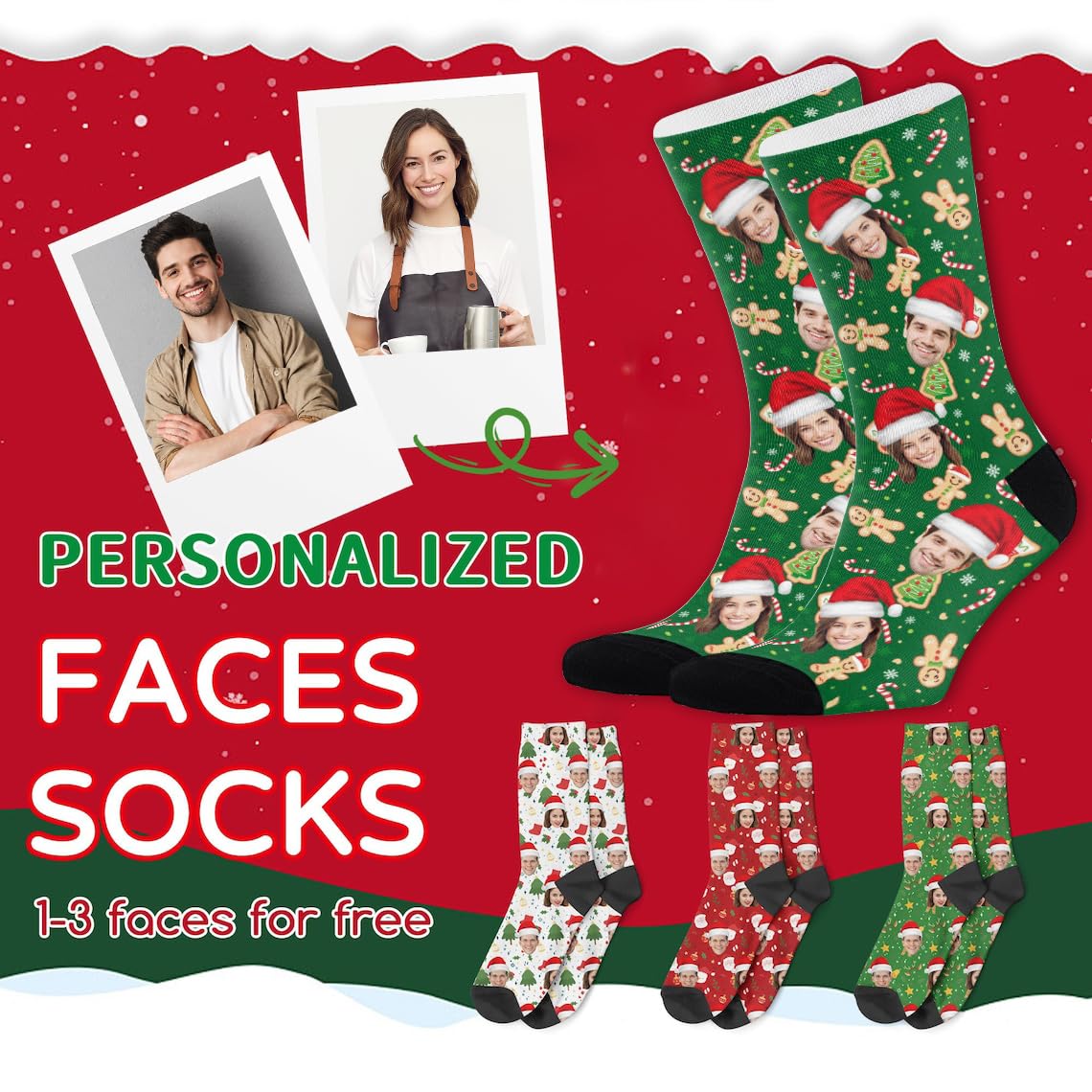 Custom Face Socks with Photo Novelty Crew Socks, Personalized Red Hearts Unisex Crew Sock Gifts for Men Women Made in USA