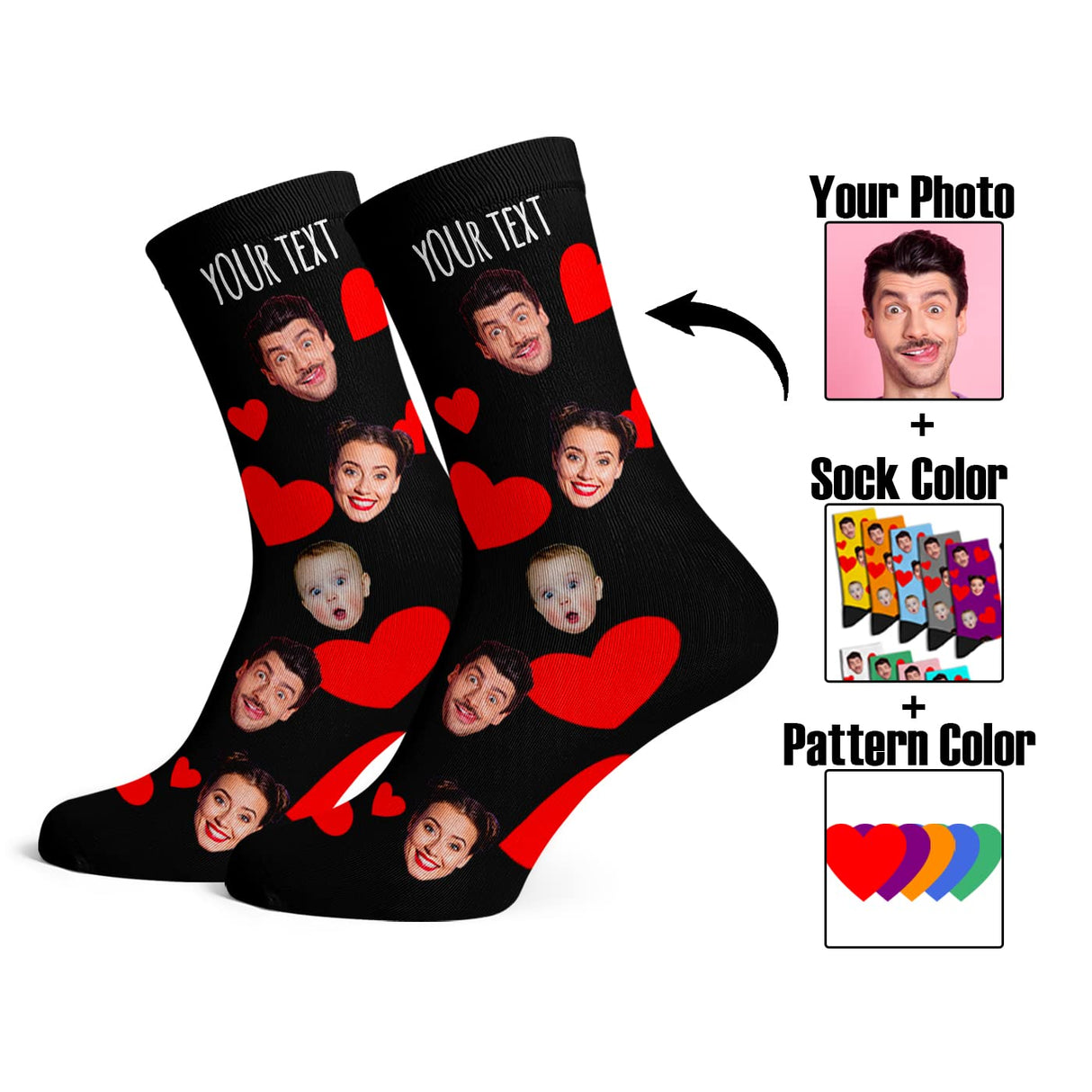 Custom Face Socks with Photo Novelty Crew Socks, Personalized Red Hearts Unisex Crew Sock Gifts for Men Women Made in USA