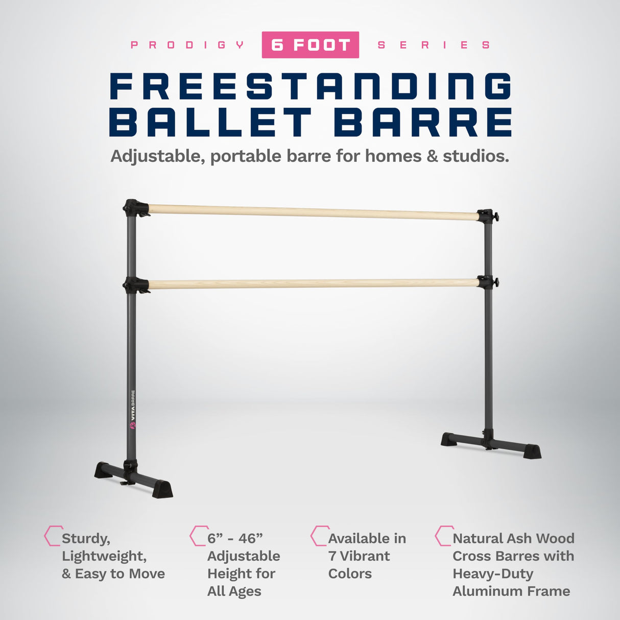 VITA Barre Portable Freestanding Double Ballet Barre, Prodigy, Wood | Adjustable Height, USA Made, Home or Gym Exercise Equipment for Kids & Adults | Dance, Fitness, Pilates