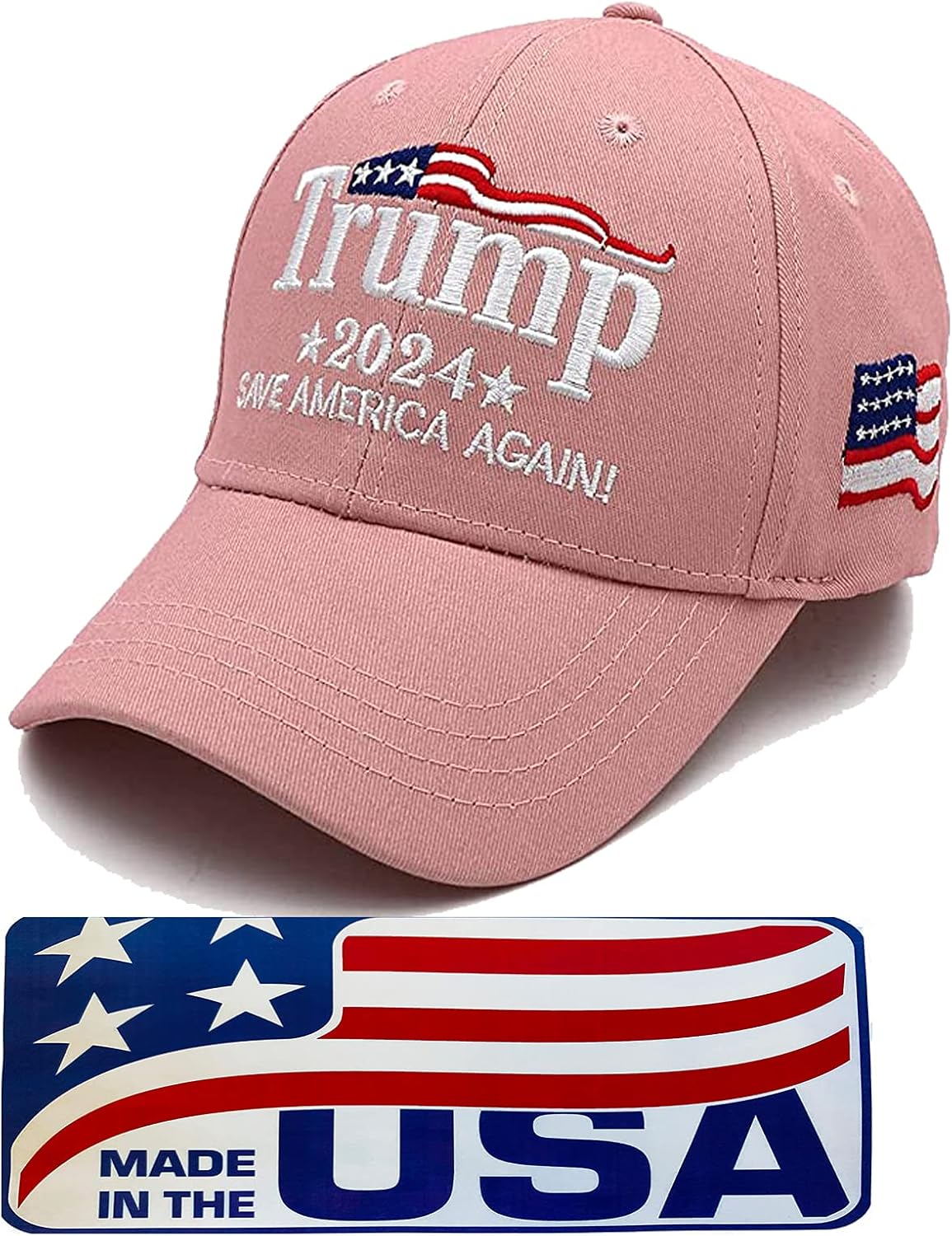 Trump 2024 Hat, Donald Trump 2024 Cap Save America Again MAGA USA Embroidery Pink Hat Made in USA